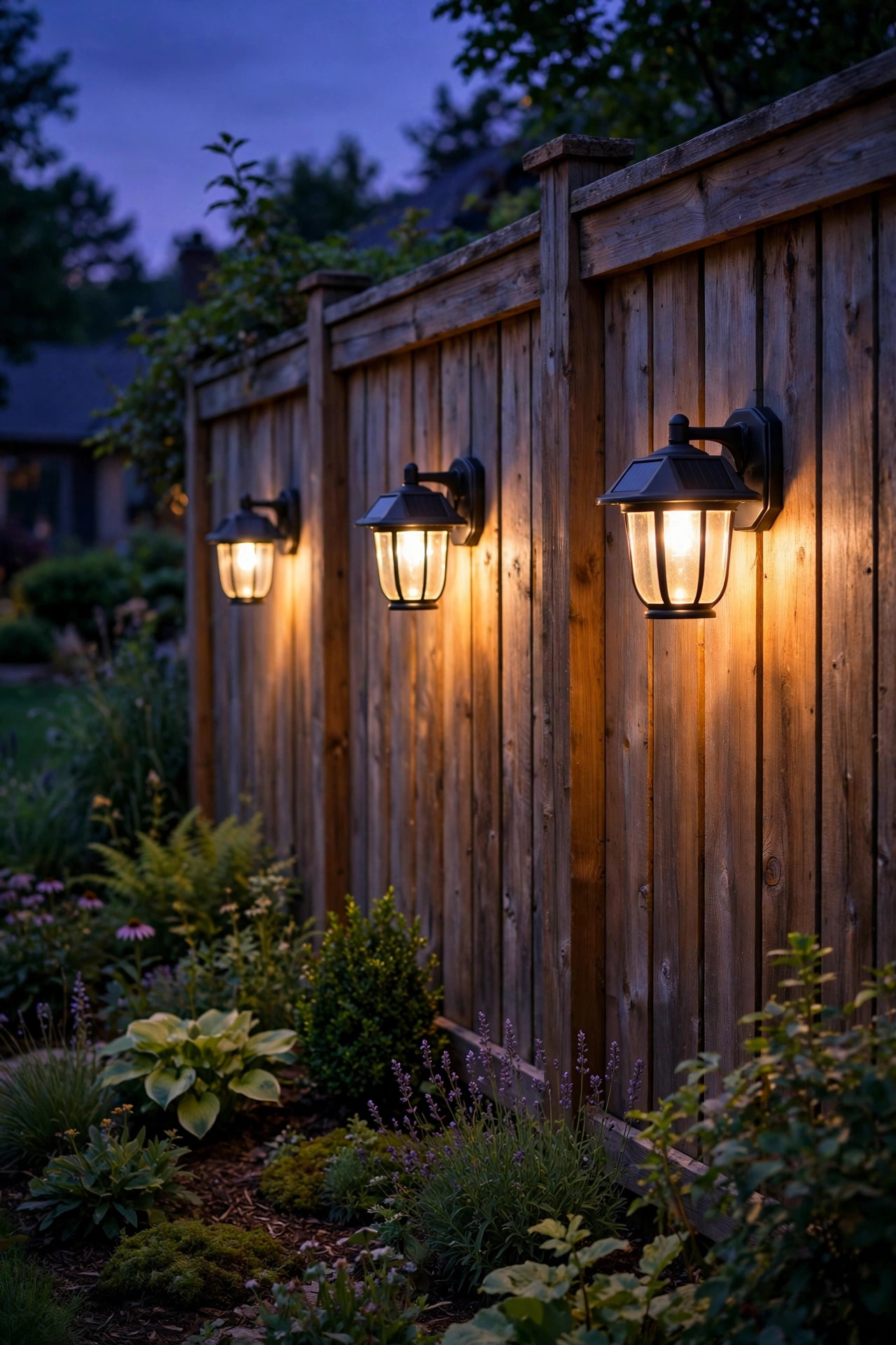 Solar-powered outdoor wall lantern sconces glowing on a garden fence at dusk