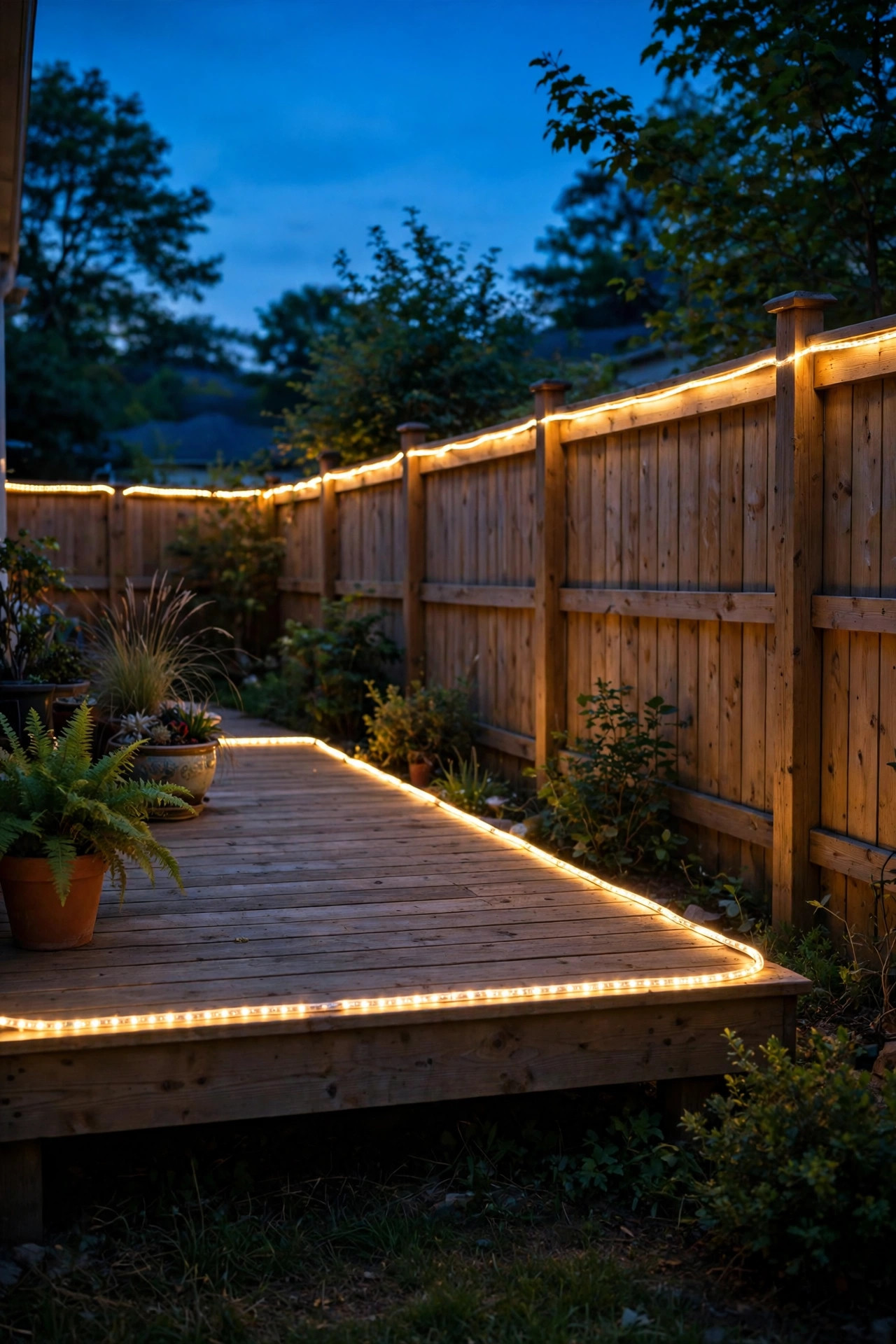 Solar rope light outlining the edge of a wooden deck and fence line at dusk