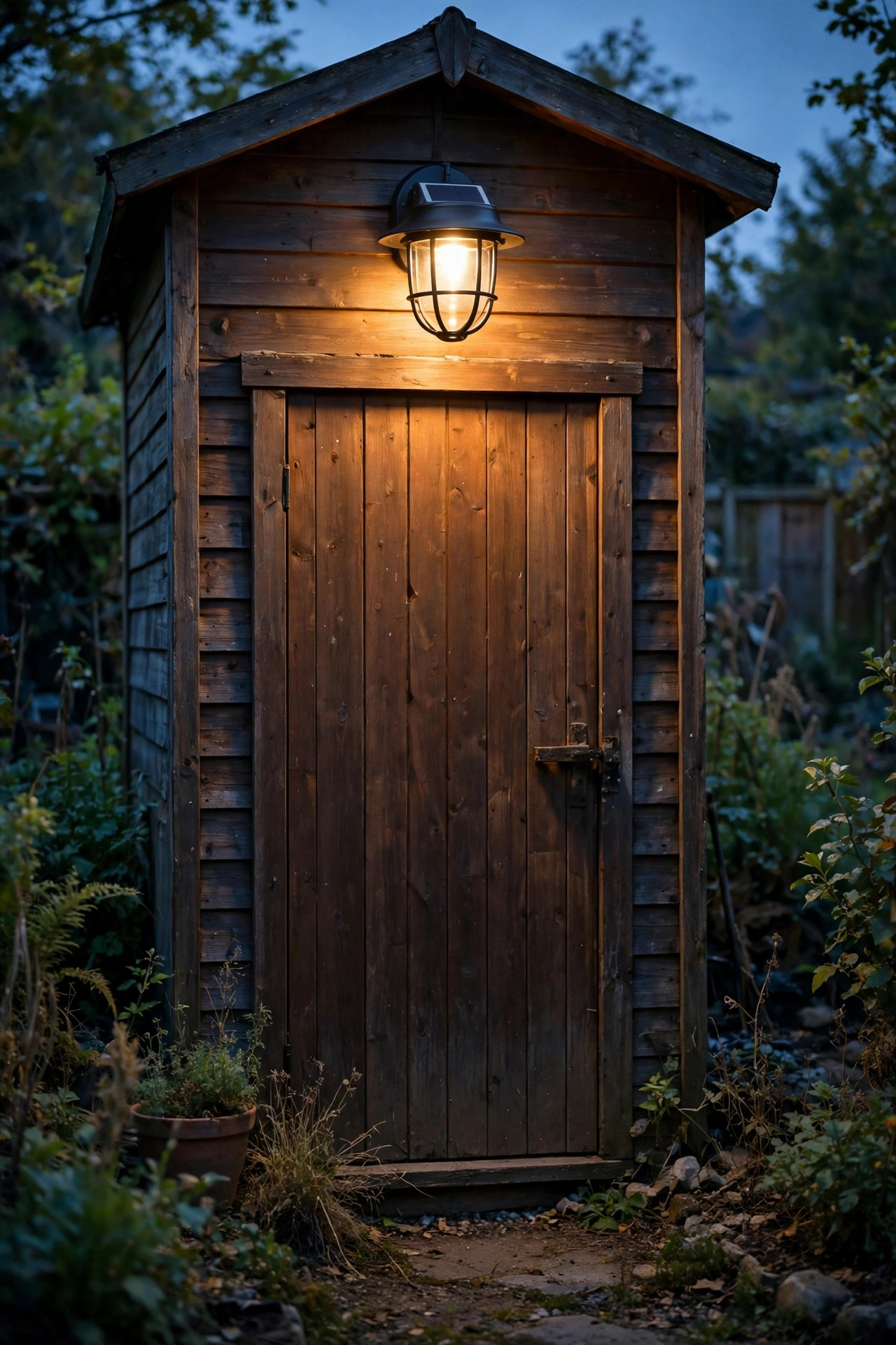 Solar barn-style wall light glowing above a backyard shed door at dusk, no wiring, warm welcoming light