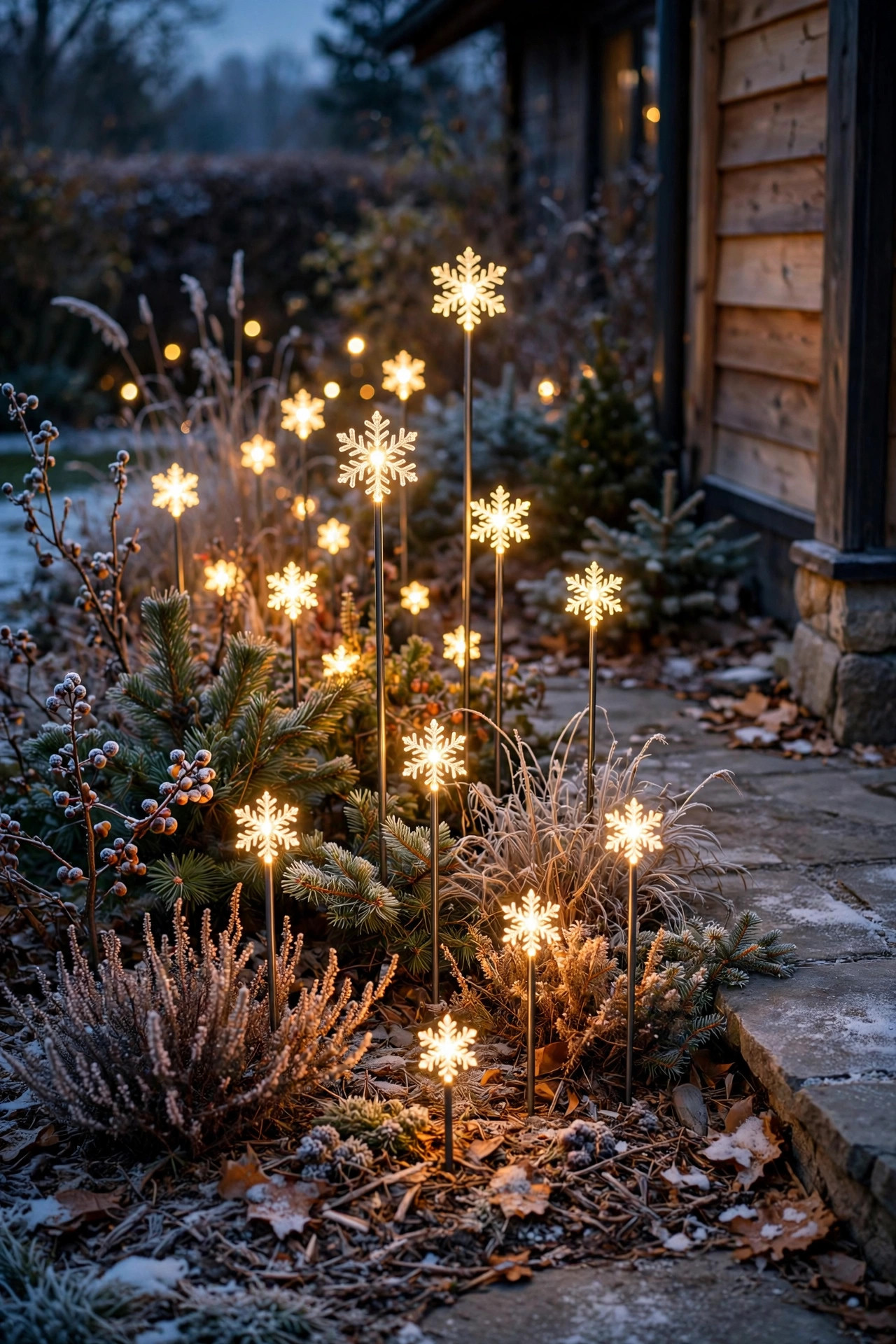 Solar snowflake stake lights glowing at varied heights in a winter flower bed beside a patio