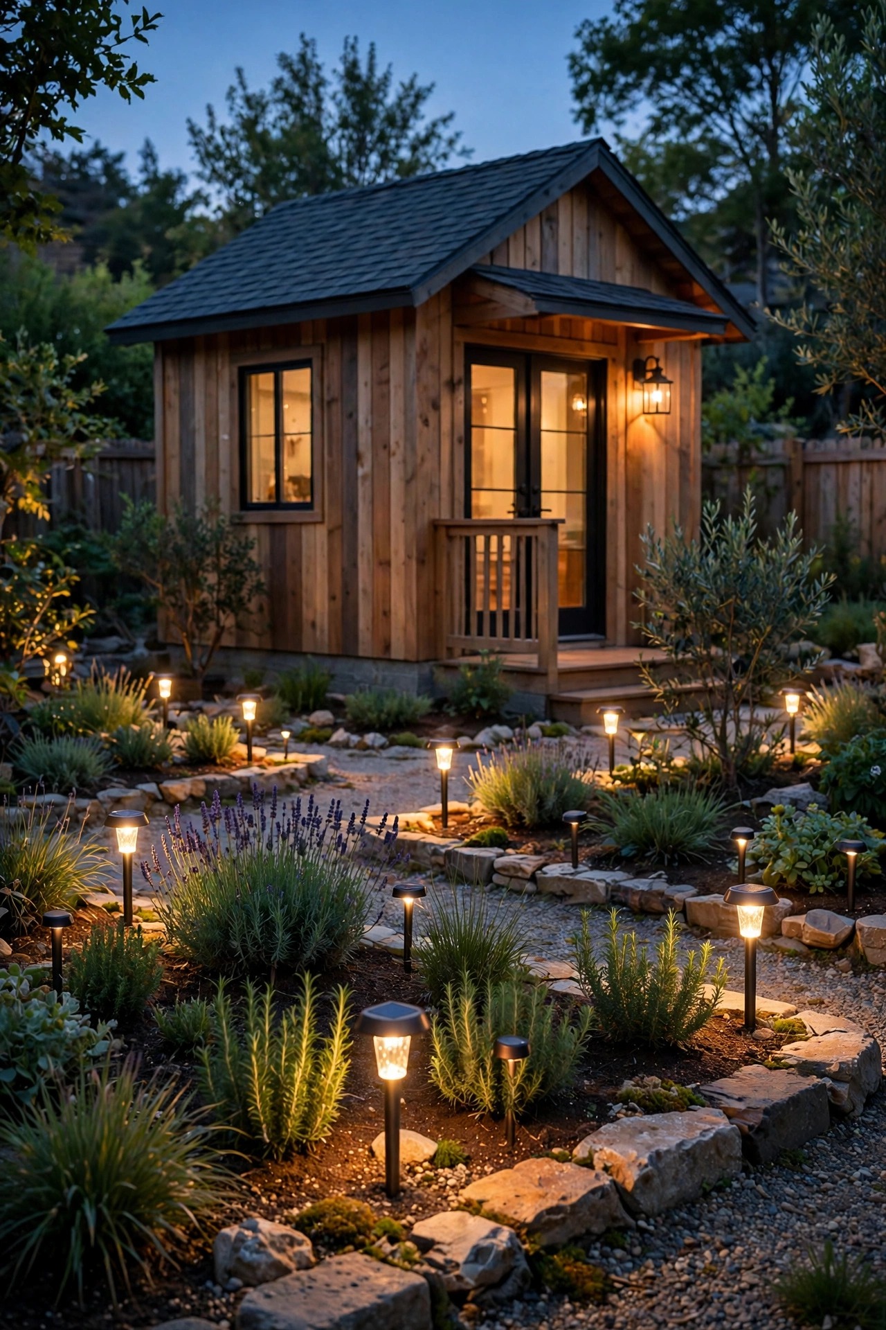 Solar stake lights glowing through the planting beds around a small backyard guest house at dusk