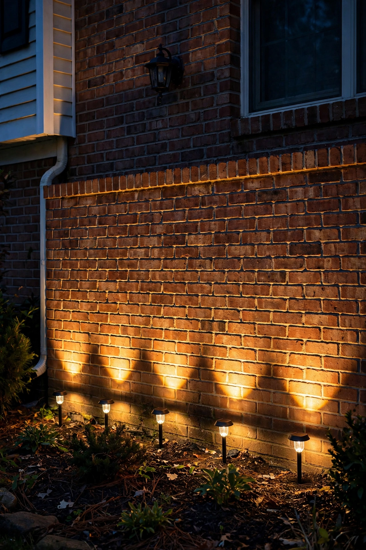 Solar wall washer lights washing warm light up a brick house facade at night