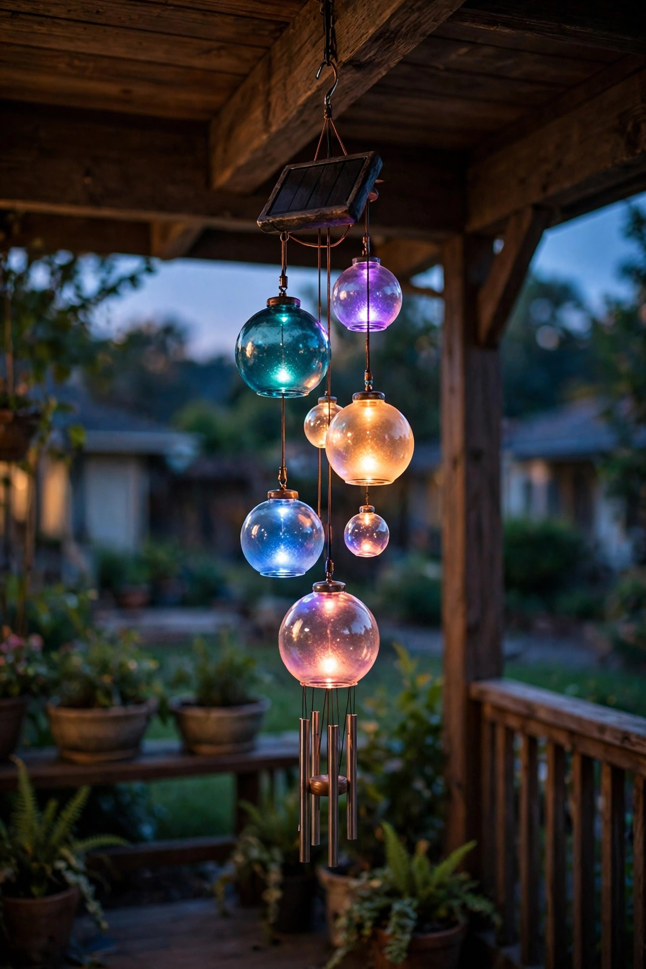 Color changing solar wind chime with glowing glass globes hanging from a porch at dusk