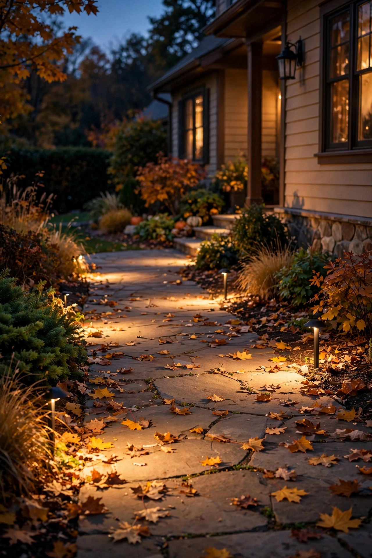 Low spotlights grazing golden light across a stone pathway scattered with fall leaves