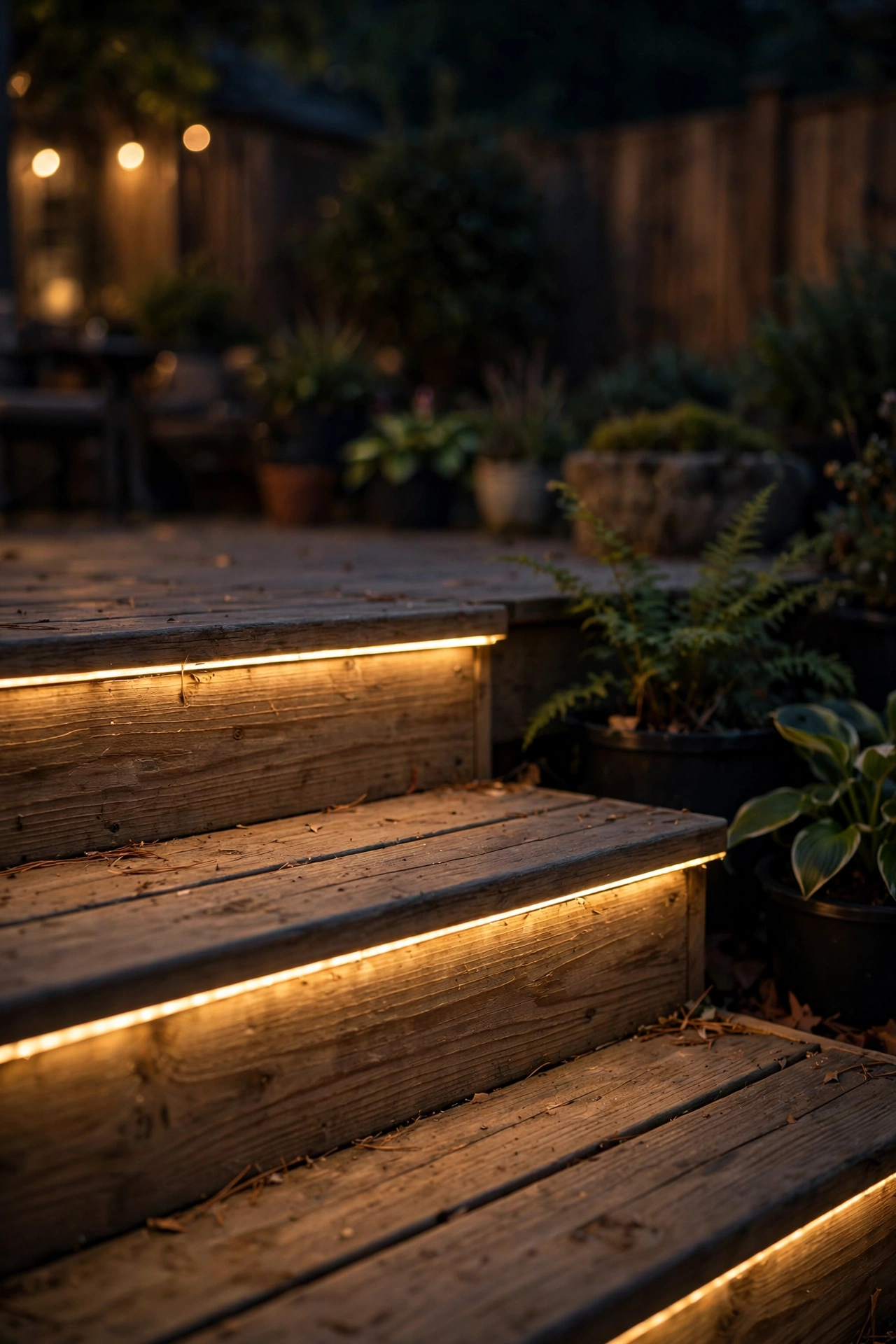 Deck stair nosing edges highlighted with light for step visibility