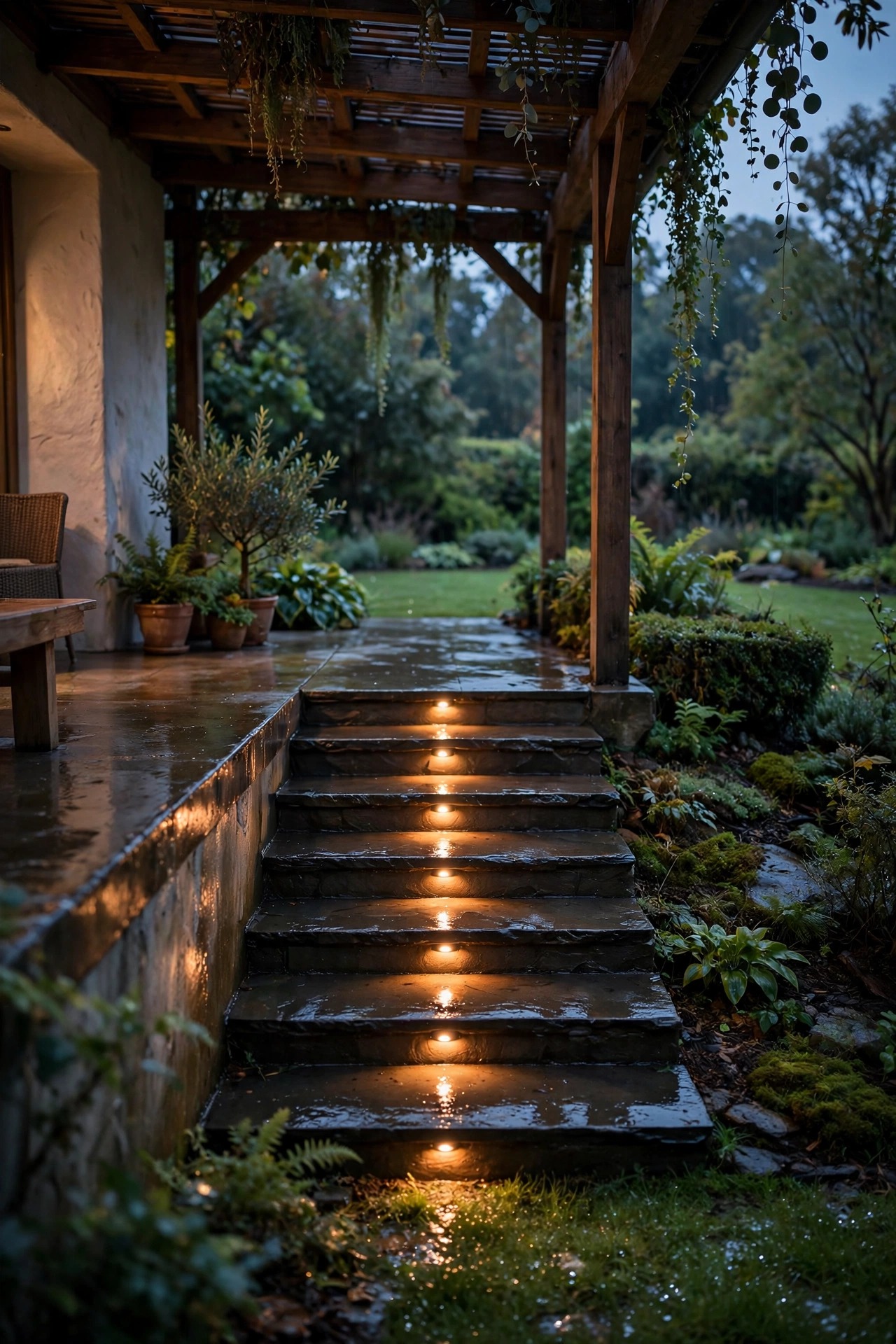 Small recessed step light glowing on the riser of a step down to a spa inside a screened pool enclosure at night