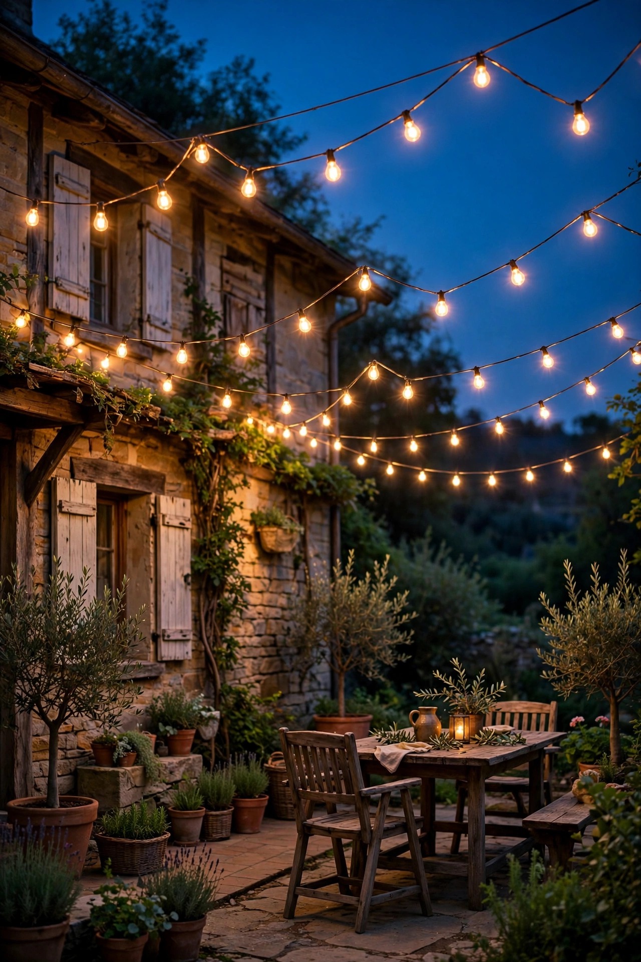 Warm café string lights zigzagged in a canopy over a cottage patio at dusk