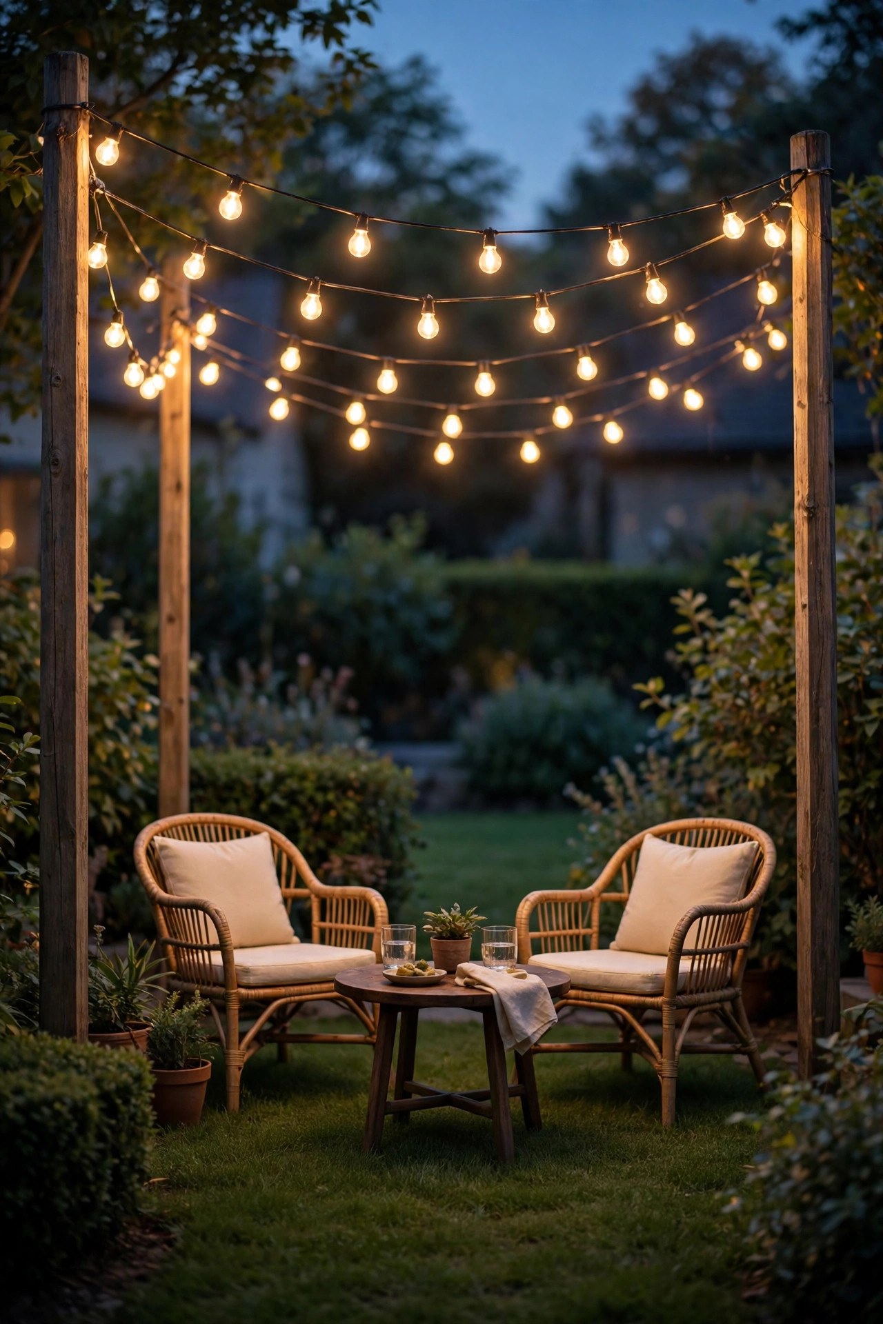 String light poles in planted planters holding swags of warm lights over an open patio wine tasting