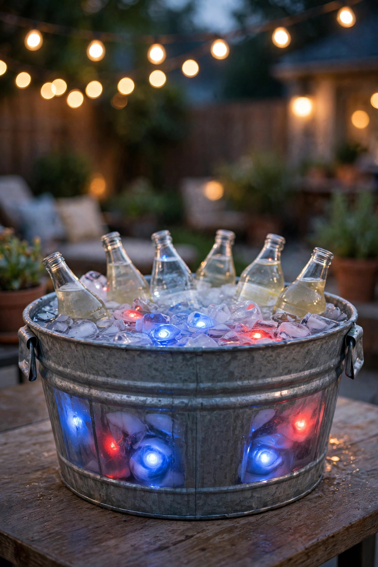 Submersible LED lights glowing red and blue through ice in a backyard drink tub
