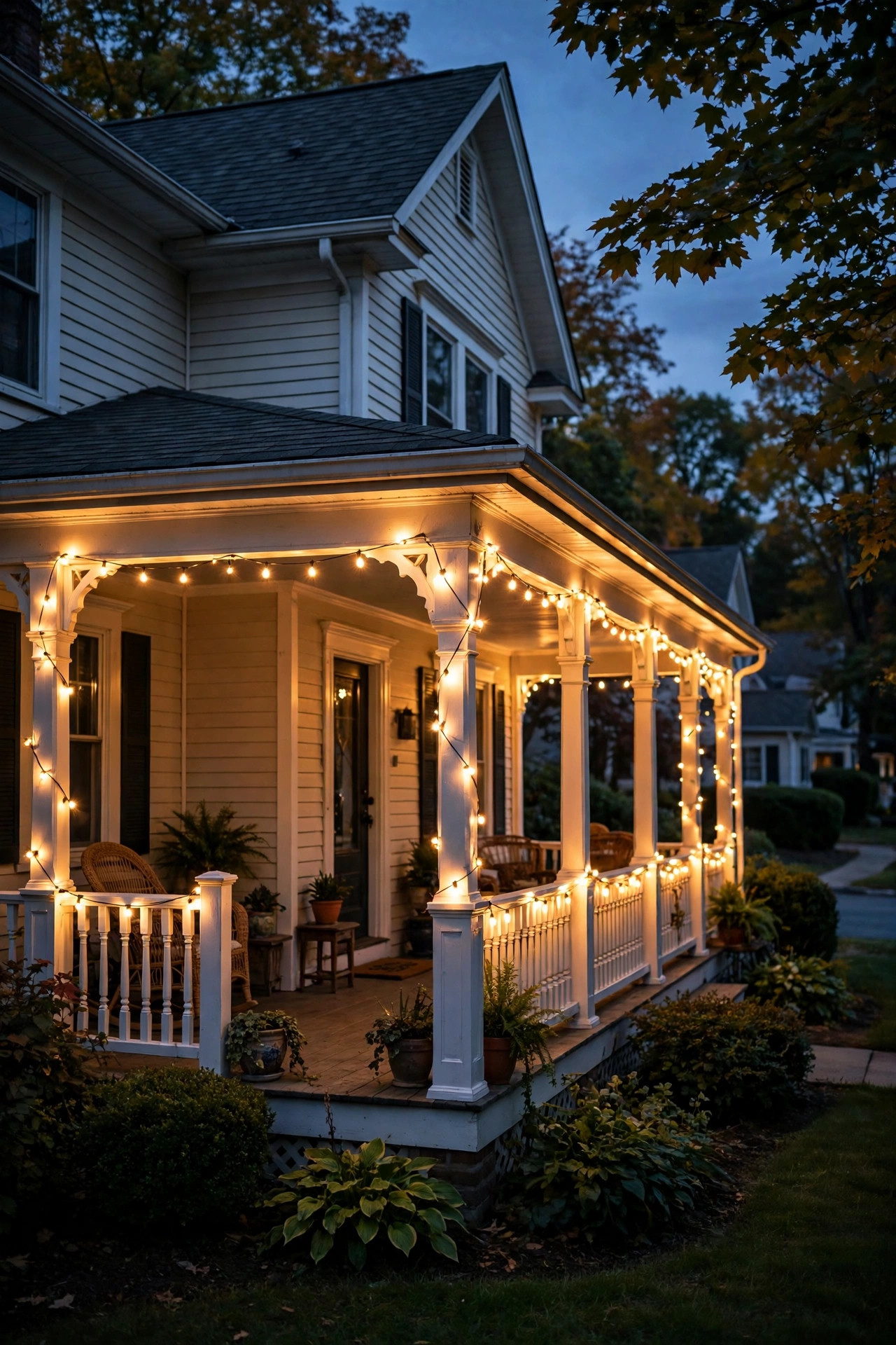 Entire wraparound porch lighting loop glowing automatically at dusk on a timer