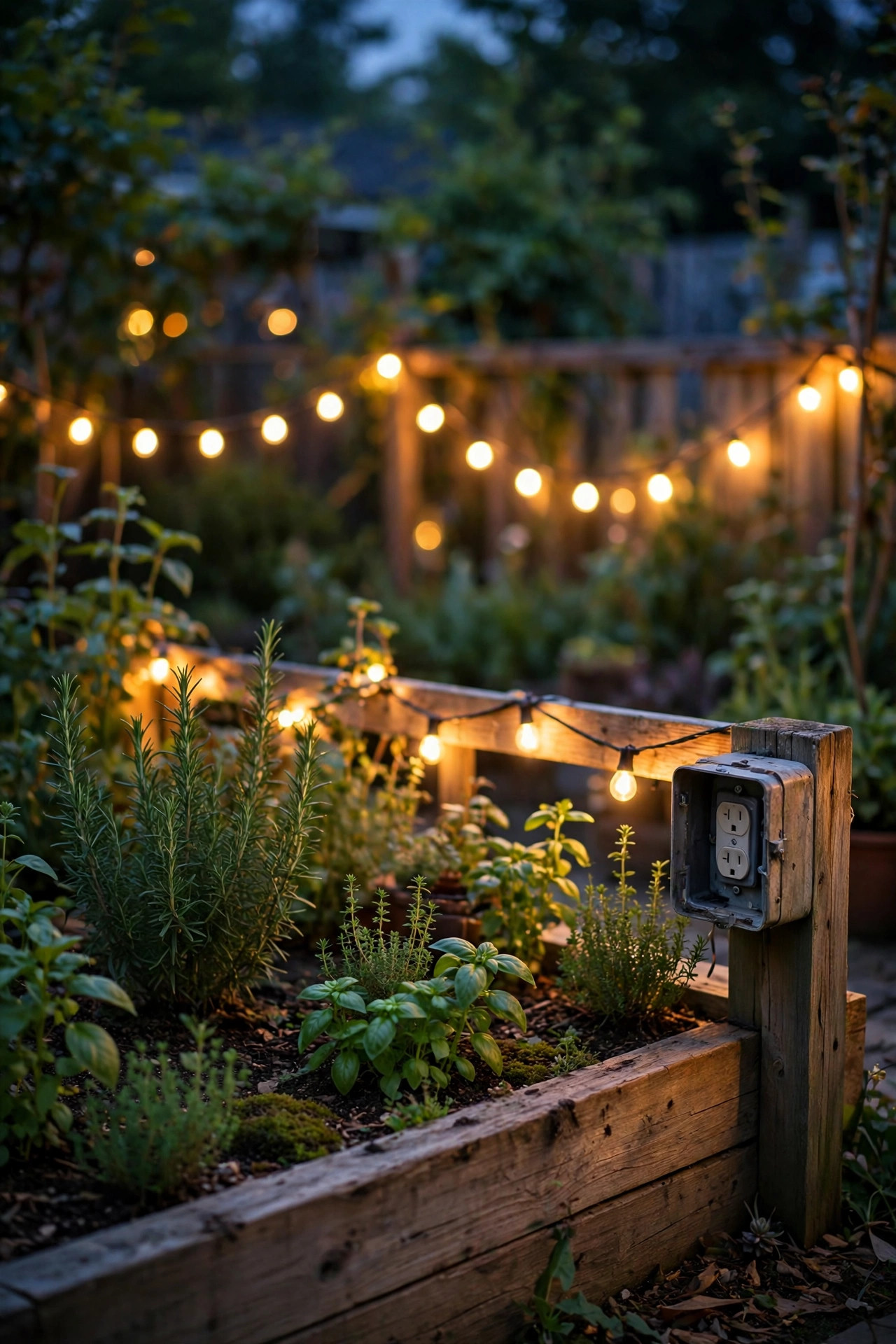 Plug-in timer beside a condo balcony outlet with warm string lights glowing softly in the background at dusk