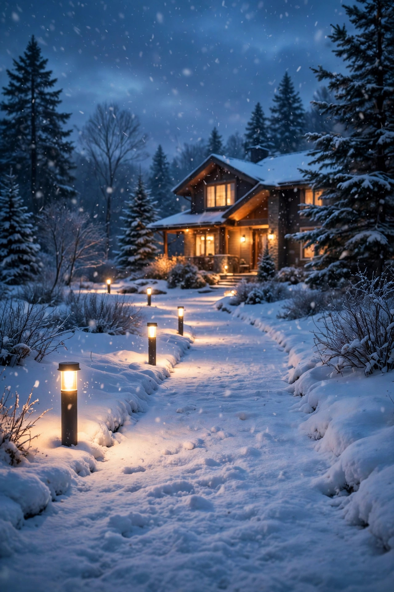Outdoor timer and photocell controlling a full coastal front yard lighting scene at sunset