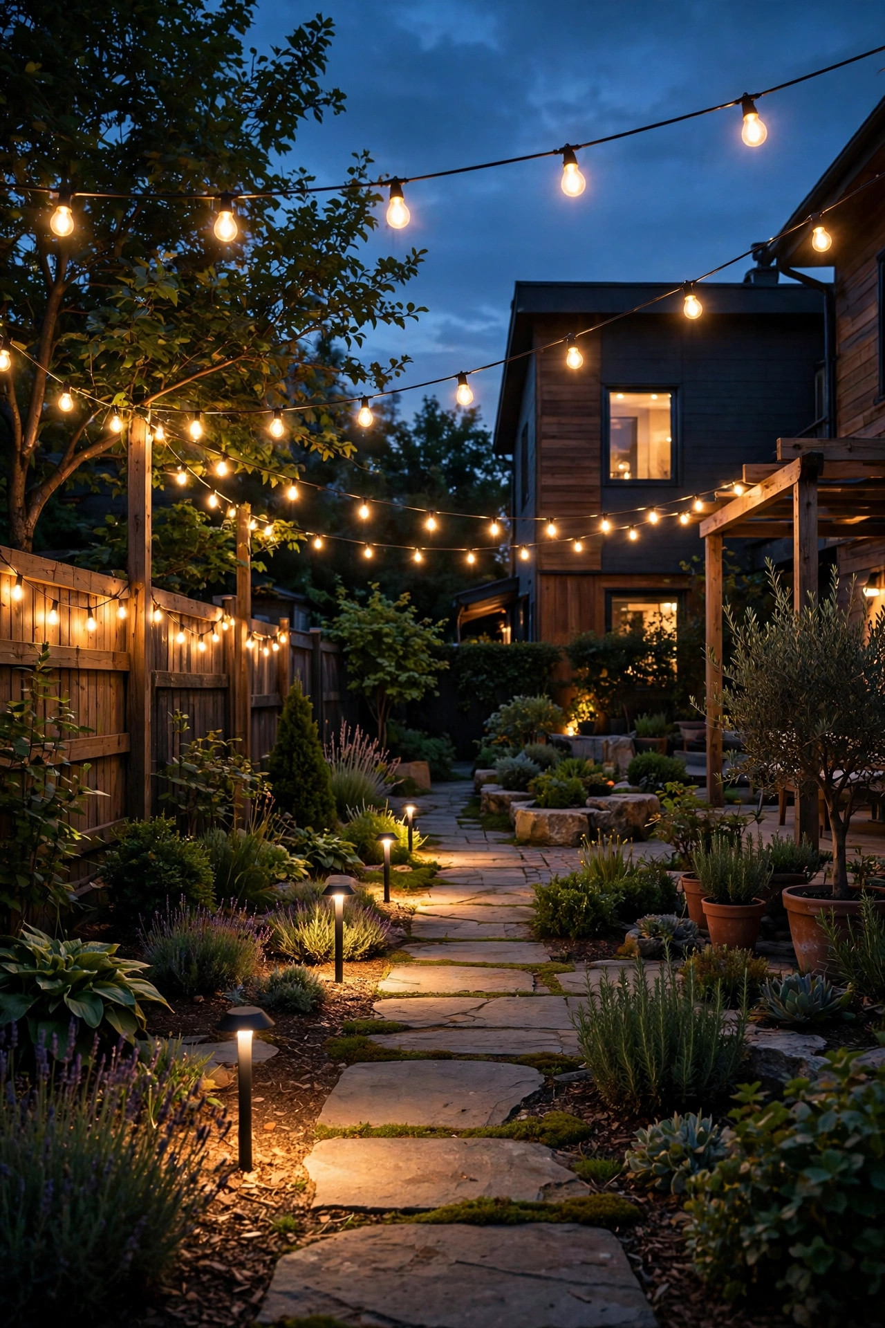 Backyard lights switching on automatically at dusk, path lights and string lights glowing as the sky darkens