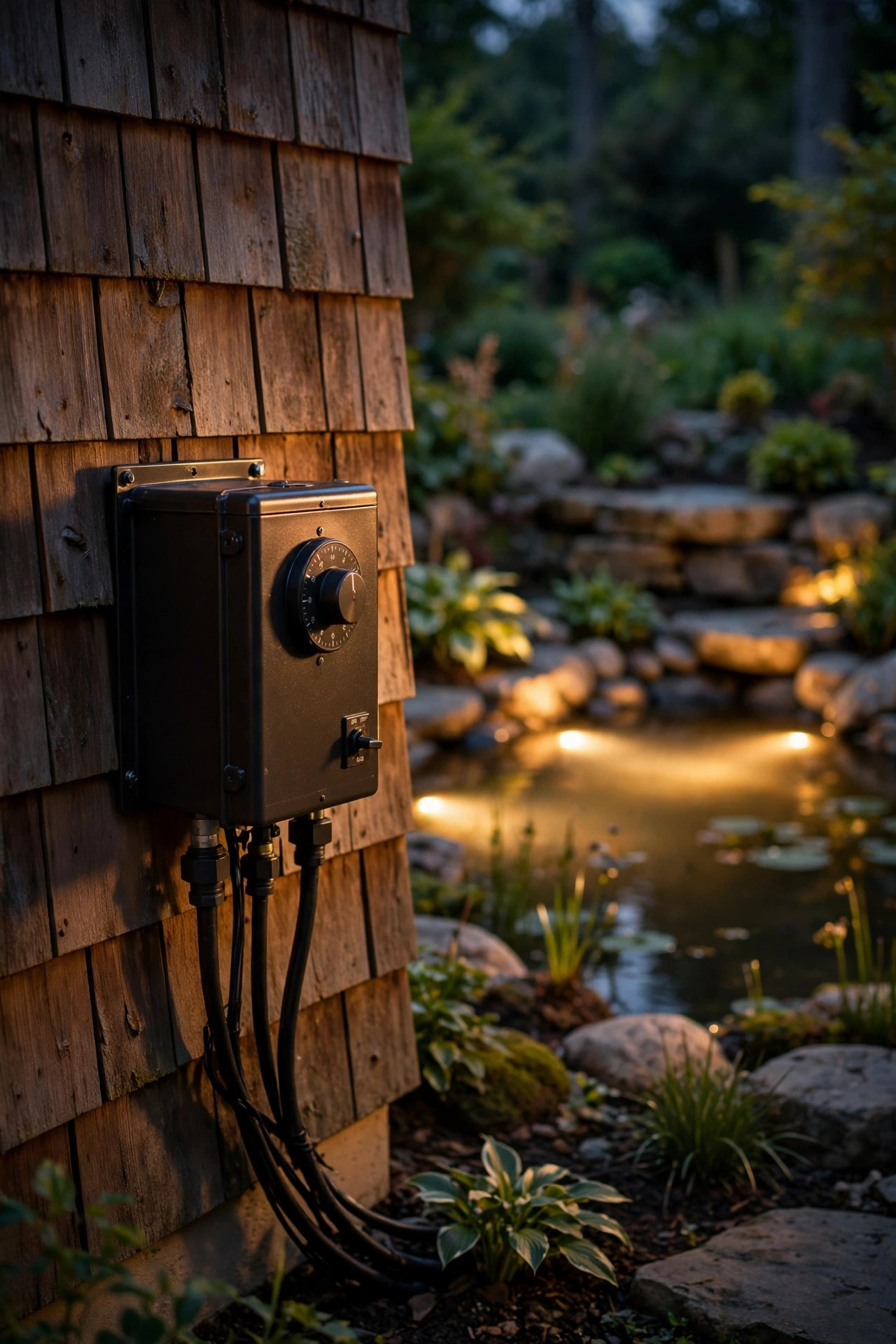 Low-voltage landscape lighting transformer with timer mounted on a house wall at dusk, garden pond glowing softly in the background
