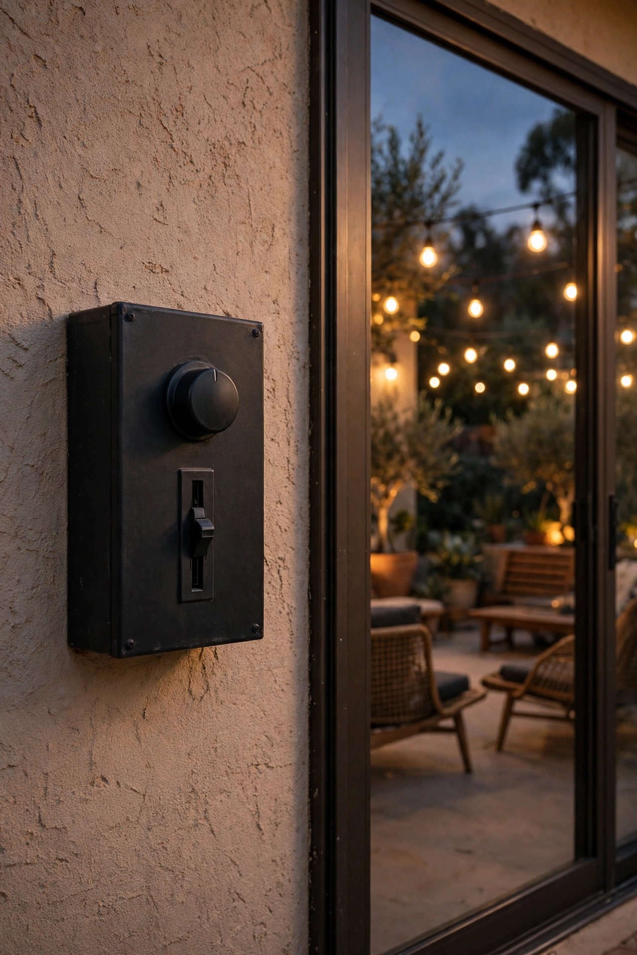 Outdoor timer and dimmer controls by a patio door with warm mid-century patio lights glowing beyond at dusk