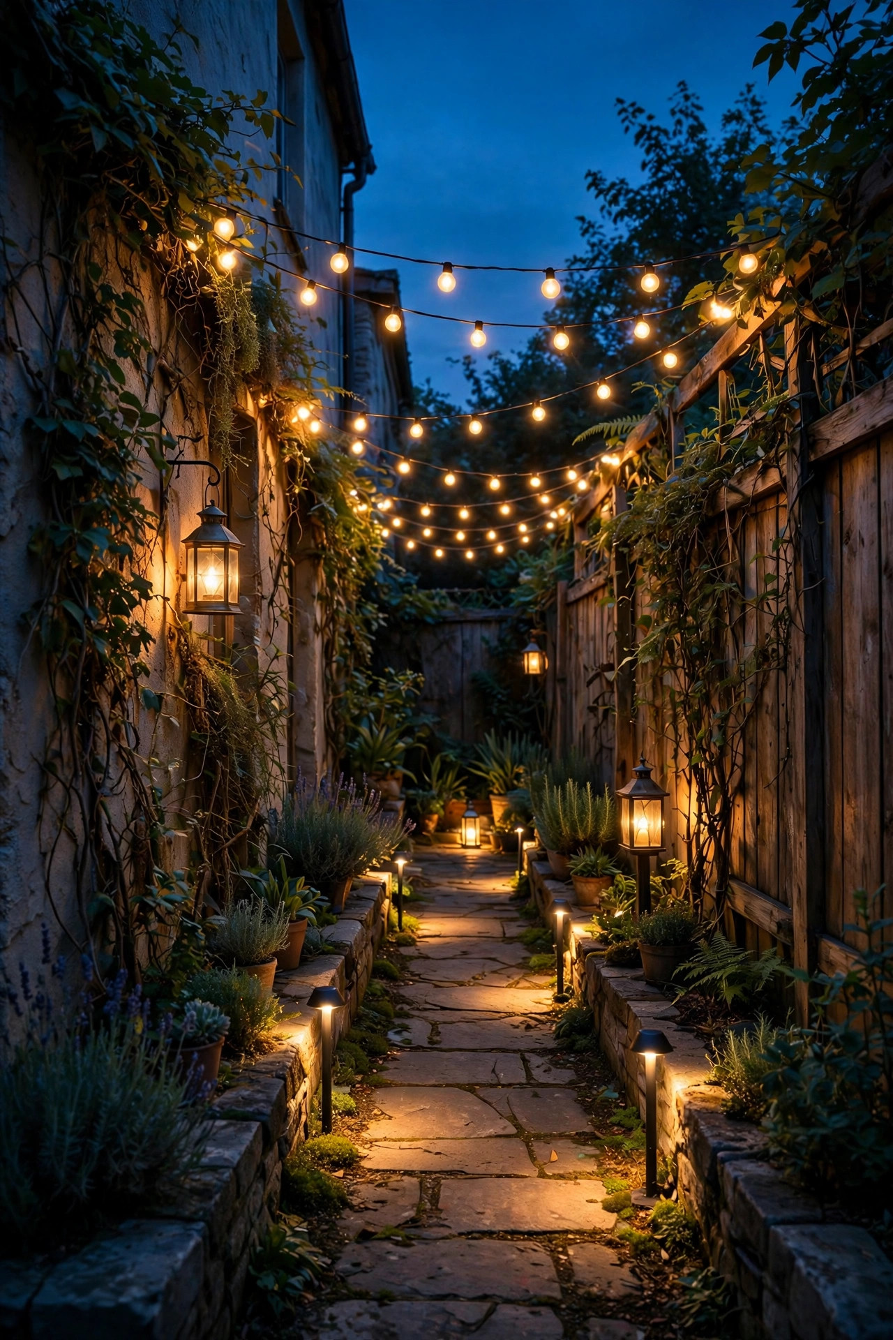 Narrow side garden lights switching on automatically at dusk, string lights, path lights and lanterns glowing together