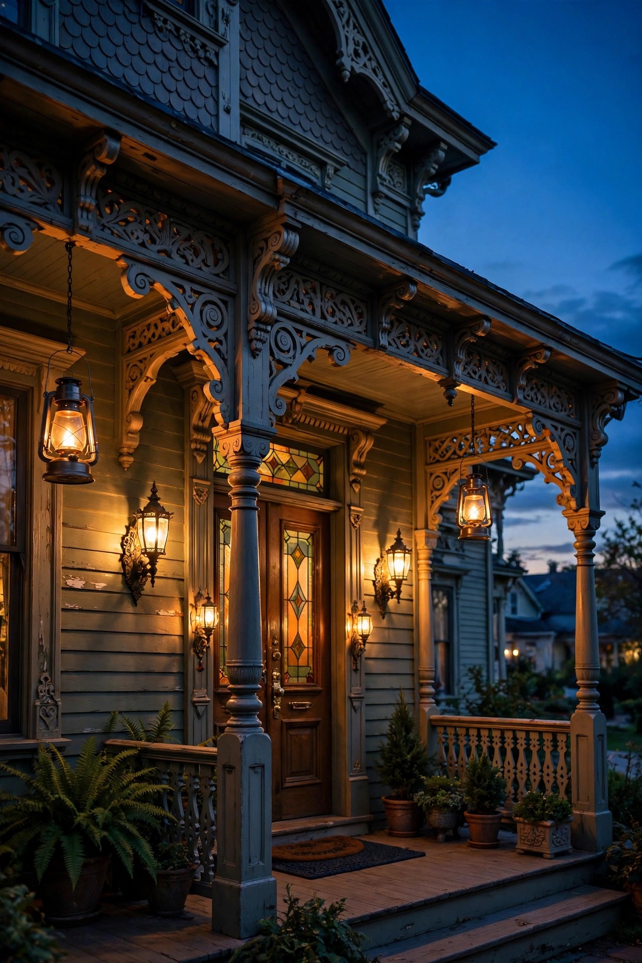 Victorian porch at dusk with all lanterns and sconces glowing together on automatic photocell timers