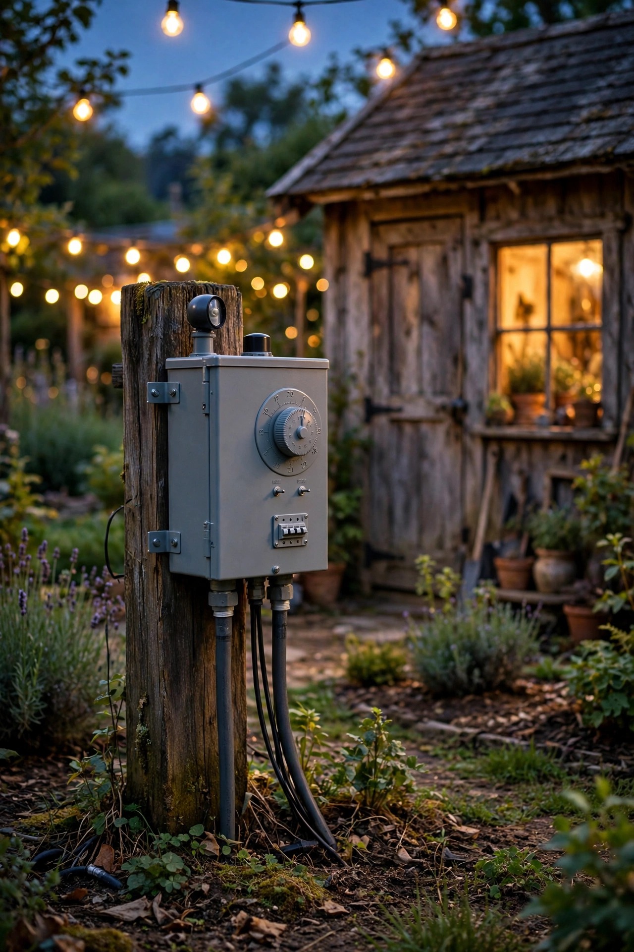 Low-voltage landscape lighting transformer with timer and photocell mounted beside a farmhouse garden shed at dusk