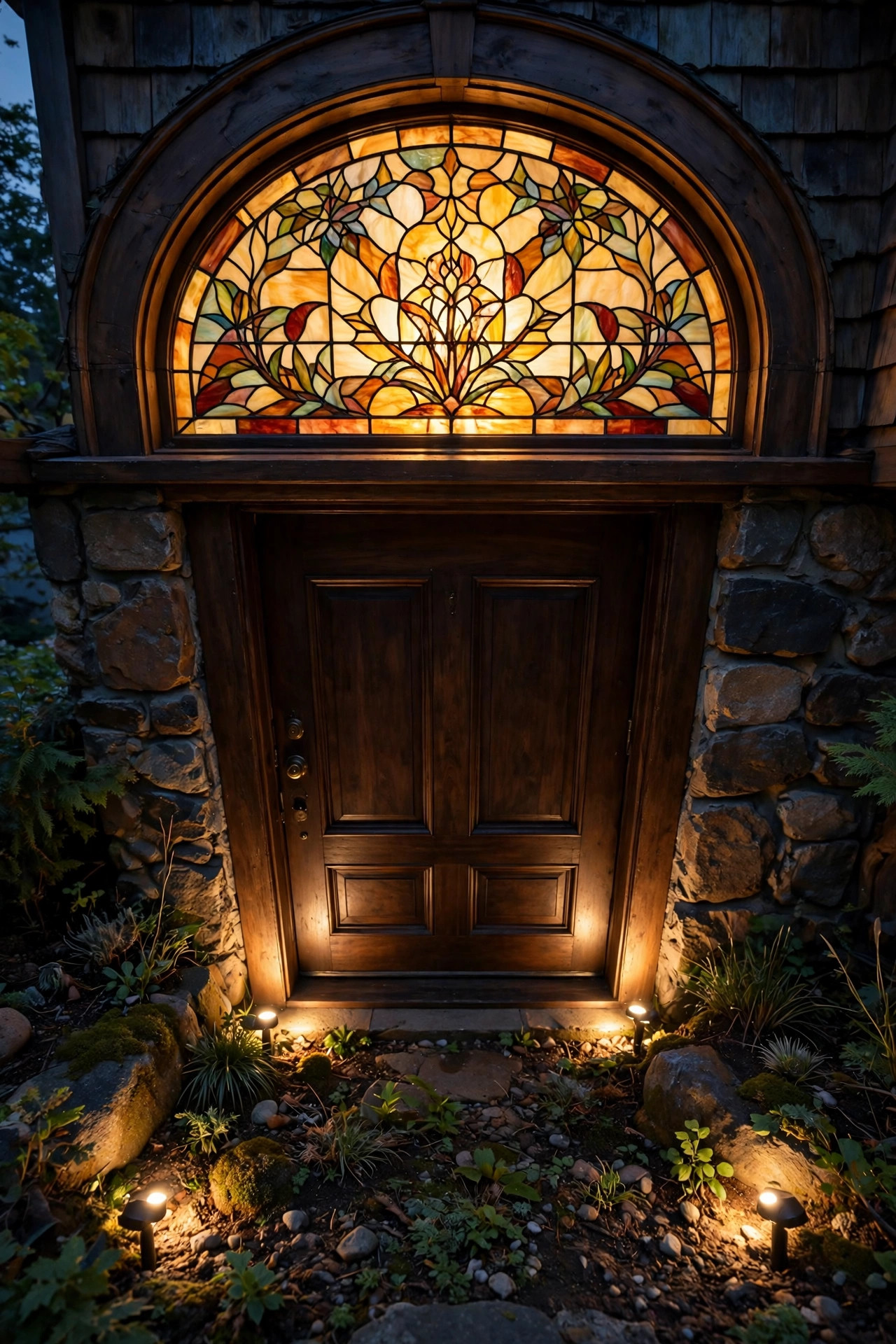 Ground-level accent light illuminating a stained glass transom above a front door