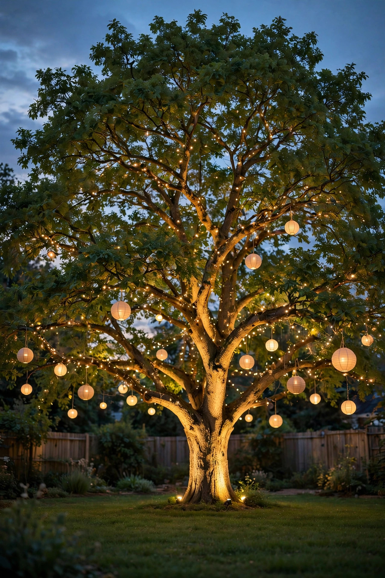 Large backyard tree uplighted from the base with fairy lights in the branches as a living photo backdrop at dusk