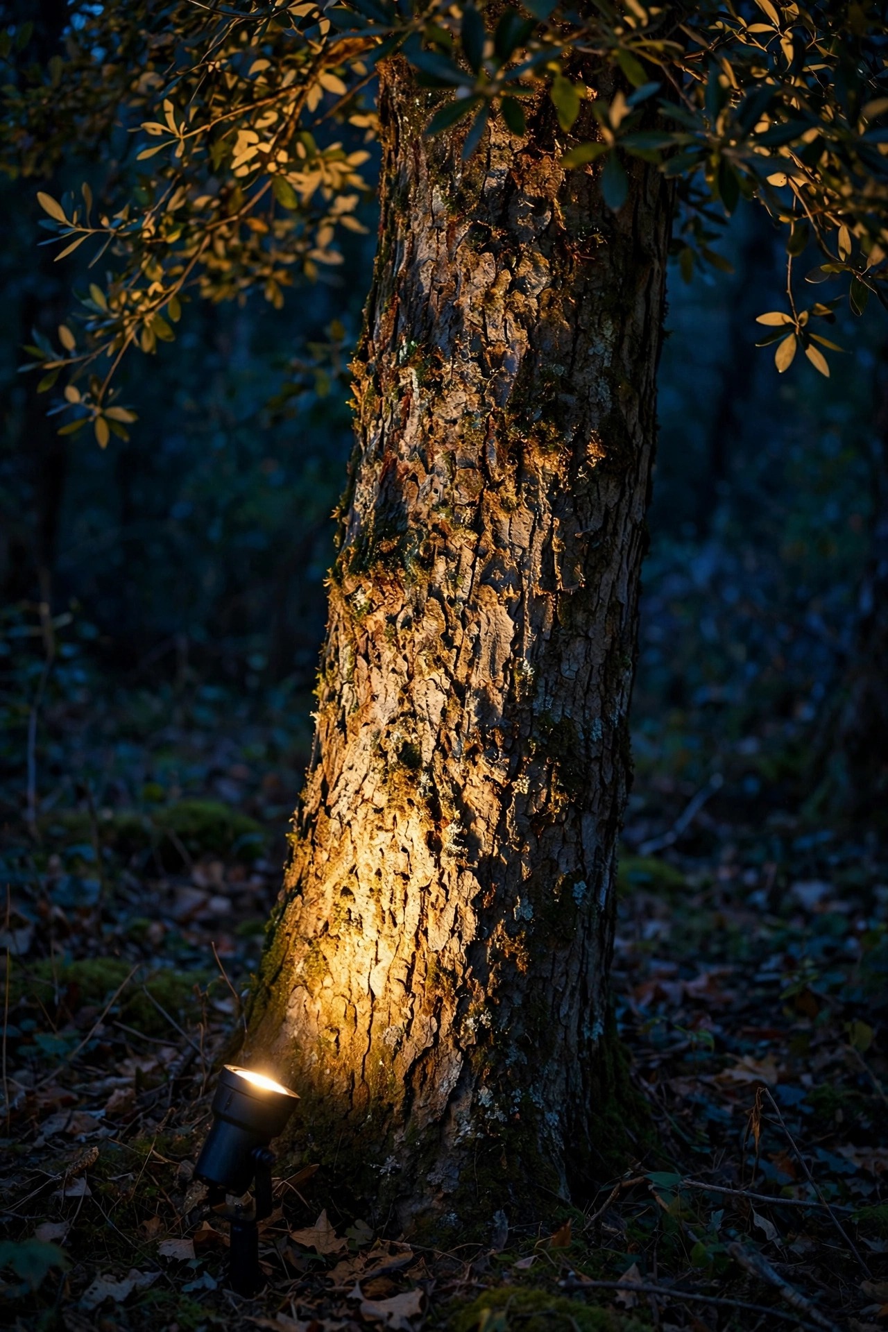 Bullet spotlight grazing warm light up a textured tree trunk into the lower canopy at night