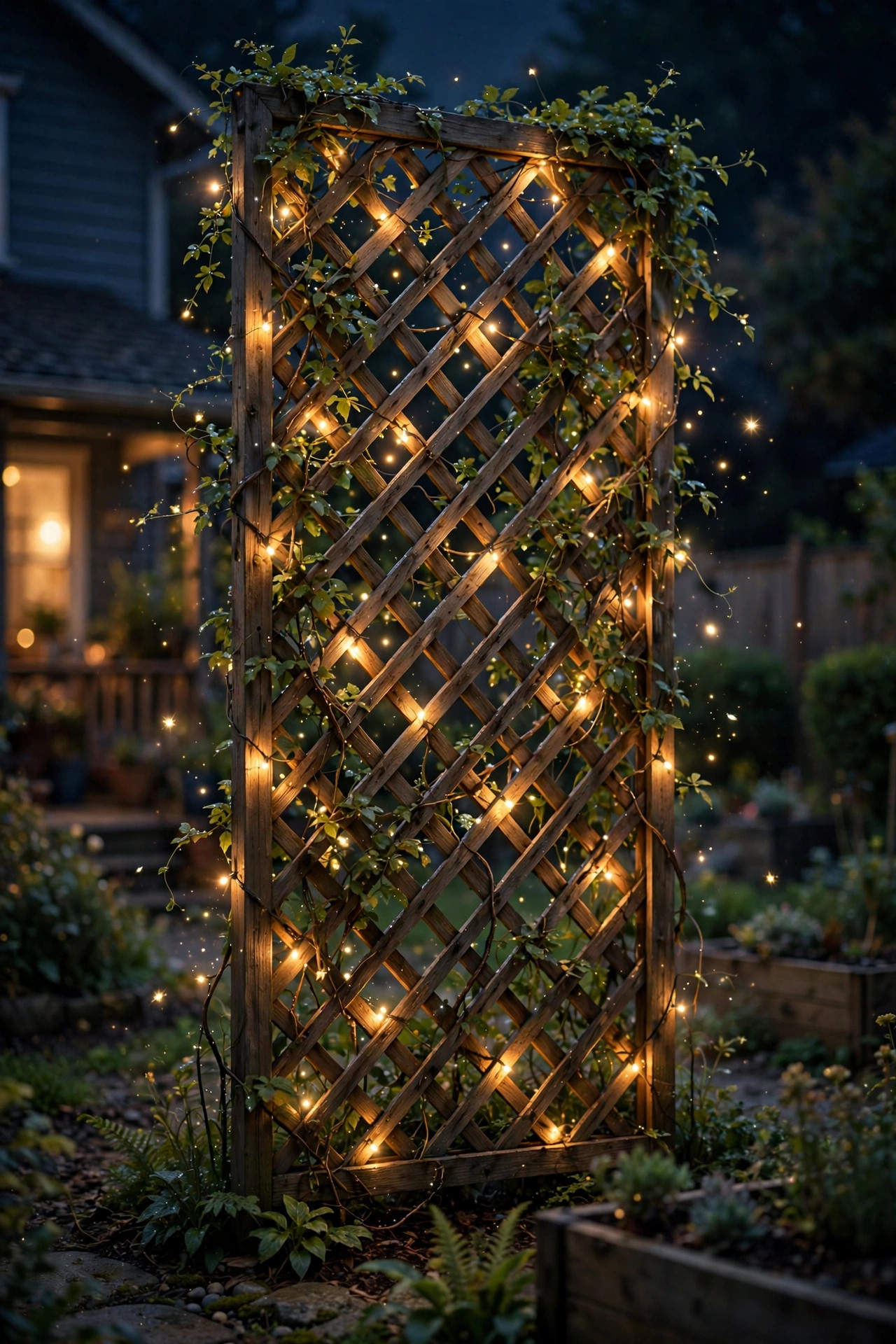 Lattice panel covered in fairy lights and climbing vines glowing at night