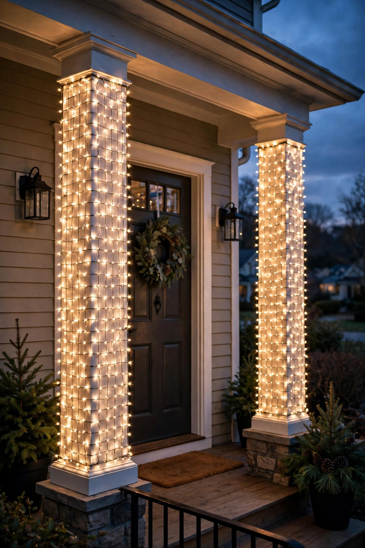Porch columns wrapped in warm white twinkle net lights for a tidy holiday display