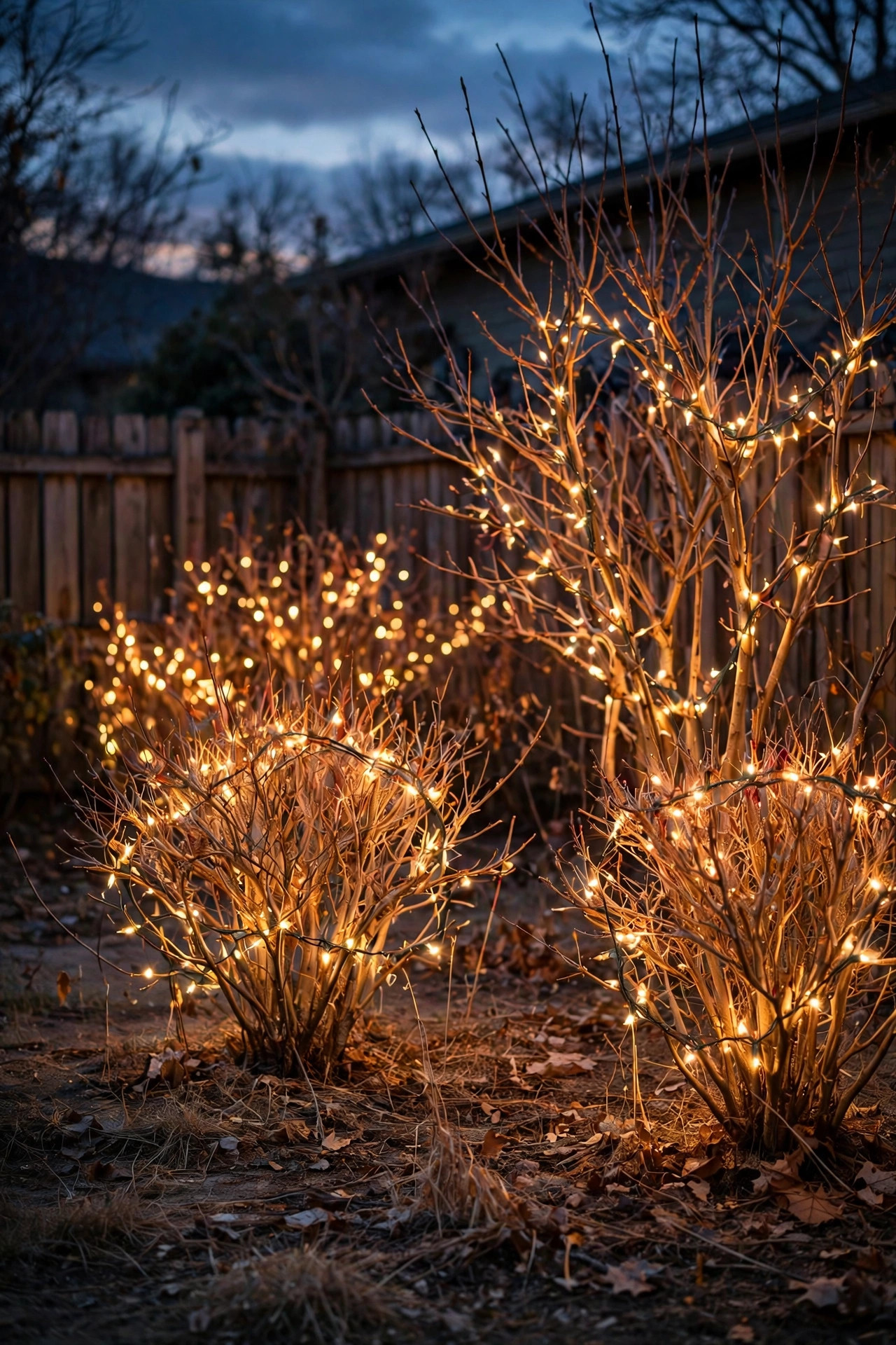 Bare winter shrubs in a backyard wrapped in warm white twinkle lights at dusk
