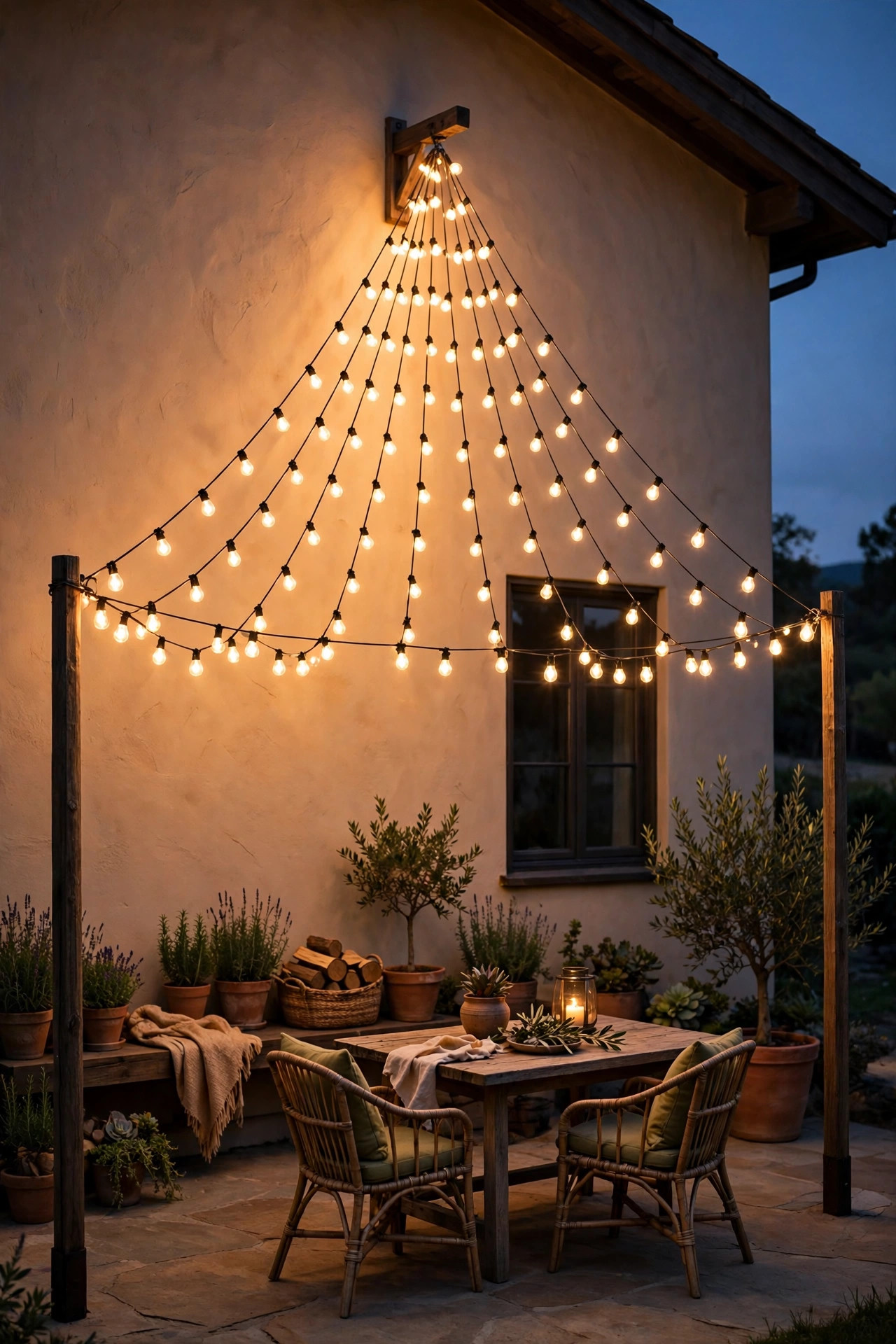 String lights fanning out from a house wall to two corner poles over a patio in a warm V pattern at dusk