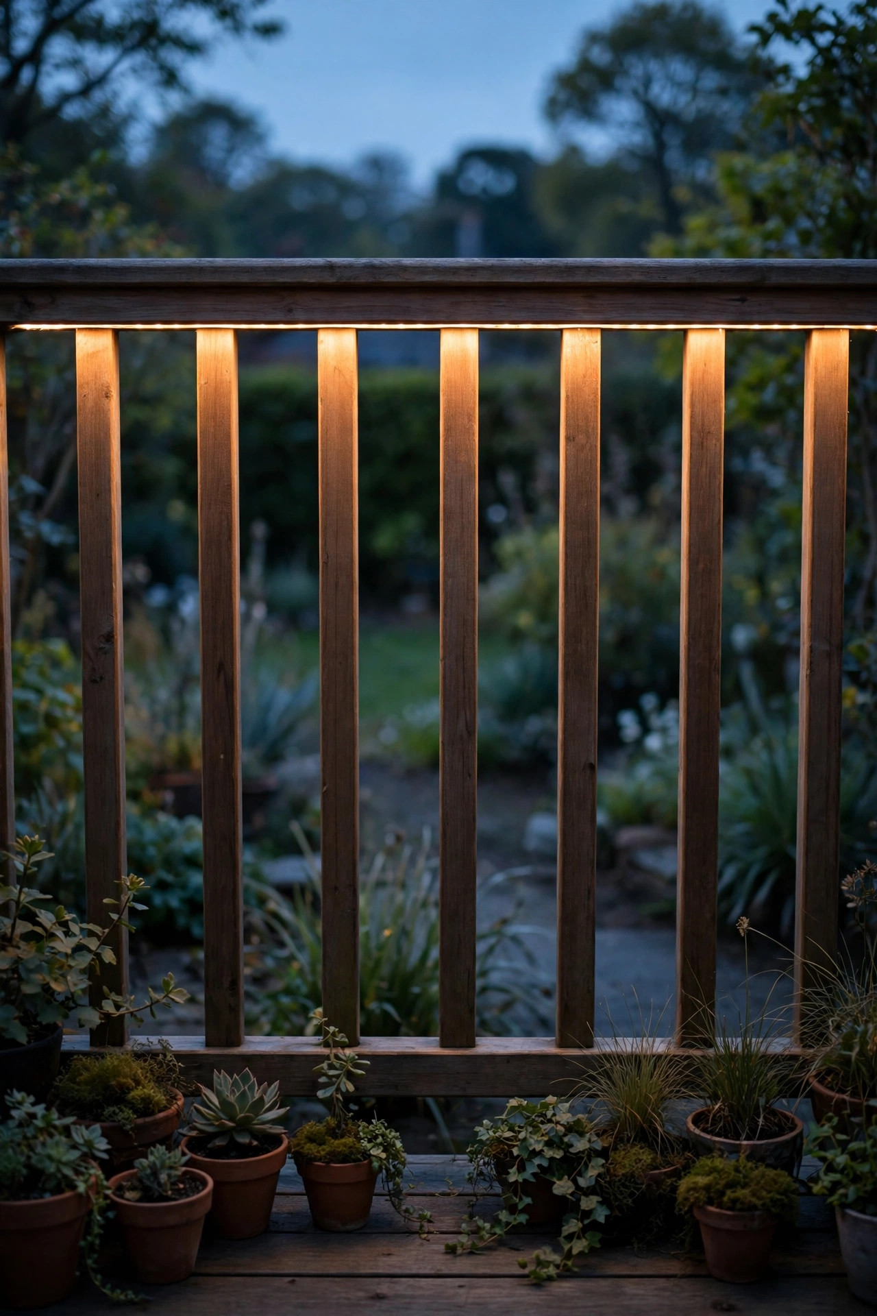 Warm LED strip light dimmed low beneath a deck handrail washing softly down the balusters