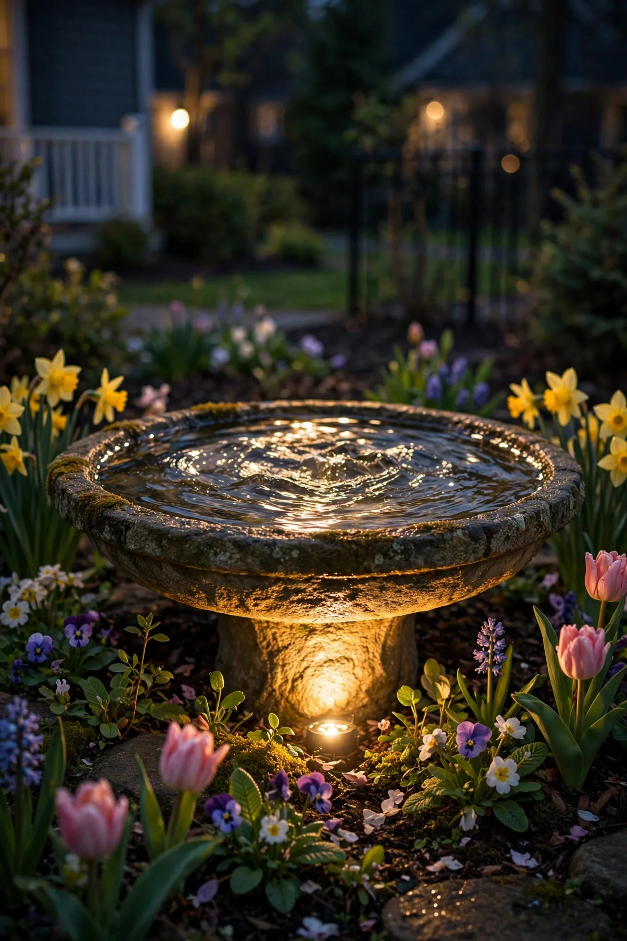 Small birdbath in a front garden with a warm uplight catching rippling water at night