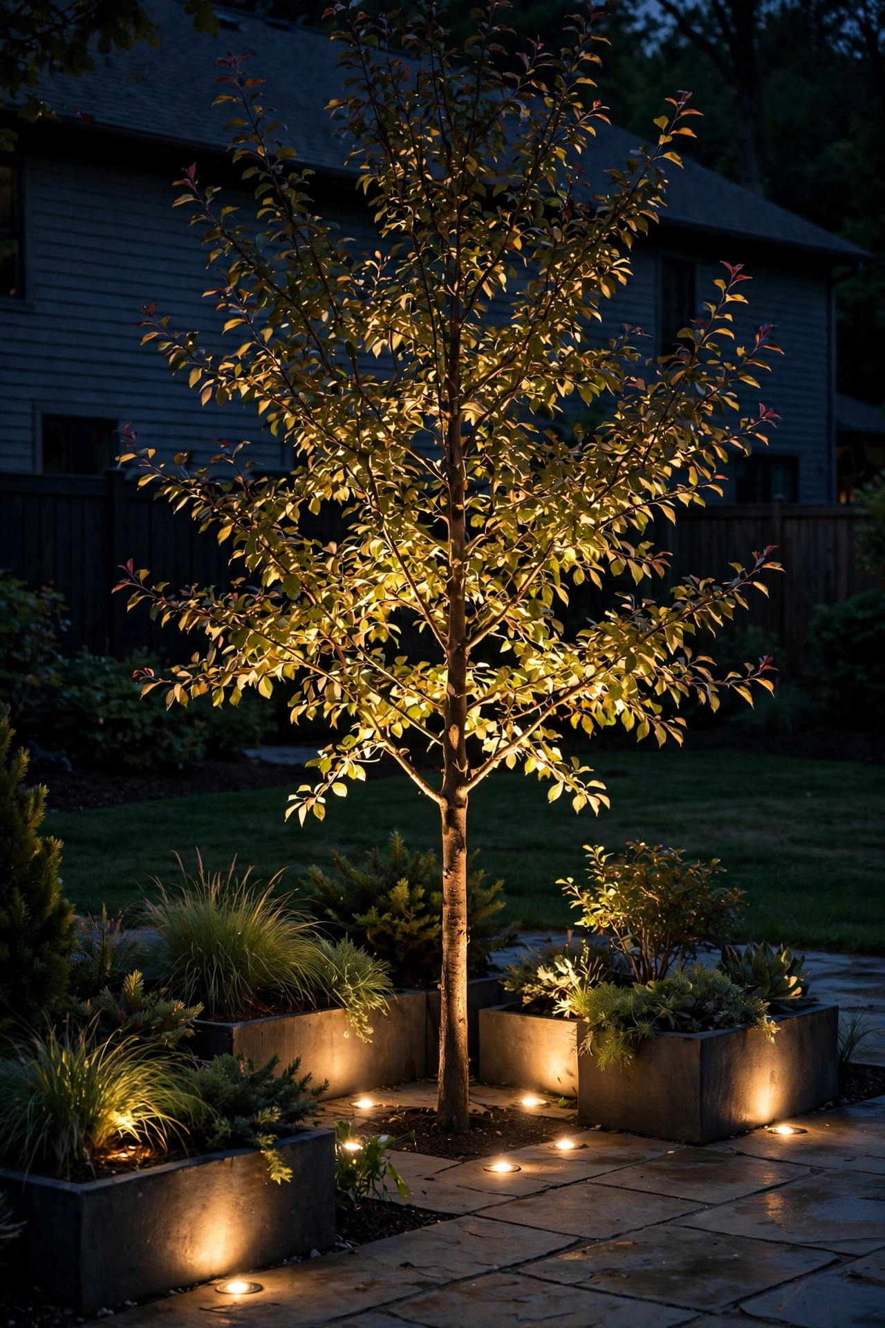 Ground spotlights uplighting a small tree and planters on a patio at night