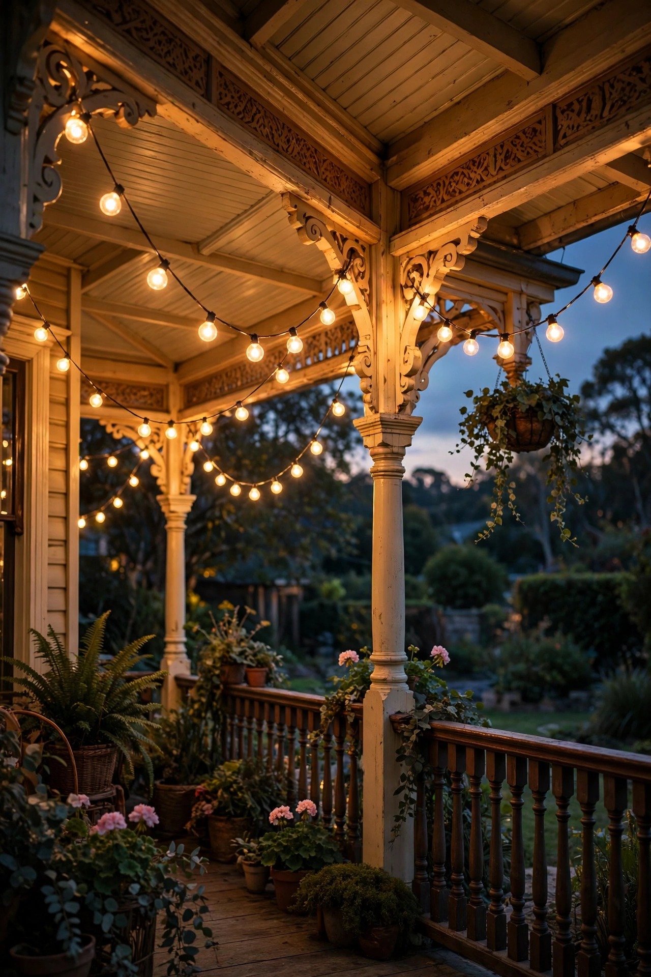 Globe string lights swagged beneath a Victorian veranda roof at dusk