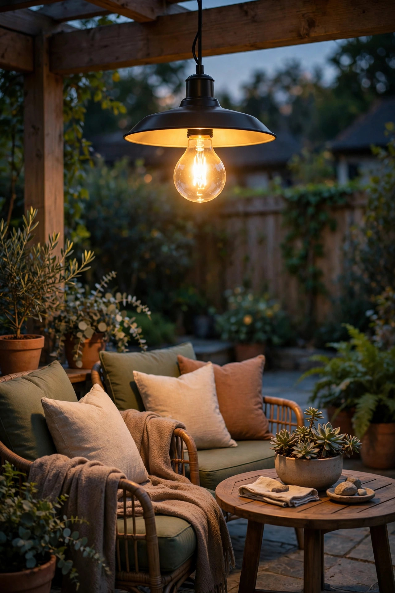 Patio fixture with a smart bulb glowing warmly above comfortable seating at dusk