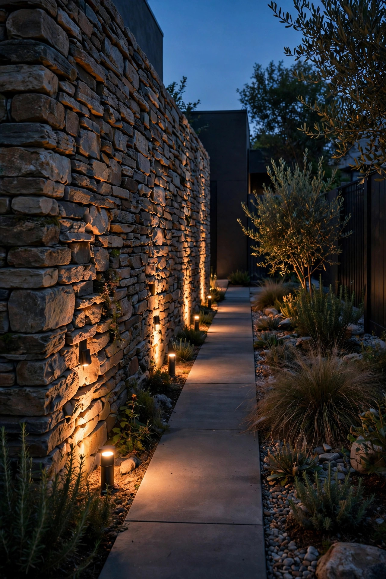 Path lights grazing a stacked stone wall beside a narrow modern side-yard walkway