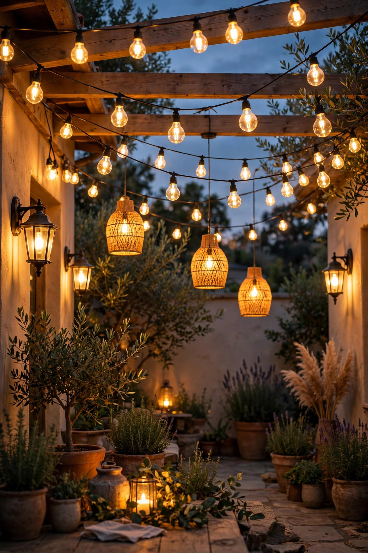Uniform warm 2700K glow across path lights, sconces and uplights in a mid-century modern front yard