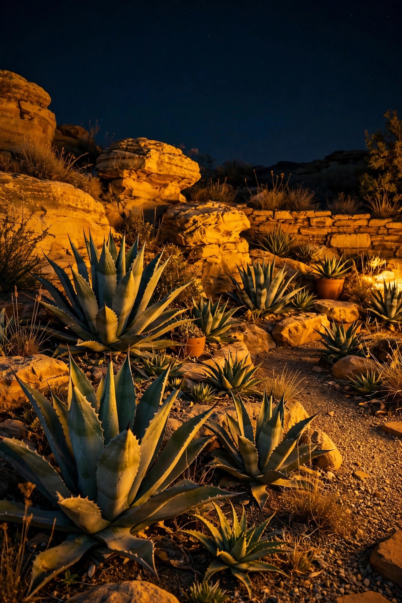 Desert garden at night lit entirely in consistent warm 2700K light, agaves and sandstone glowing golden under a dark sky