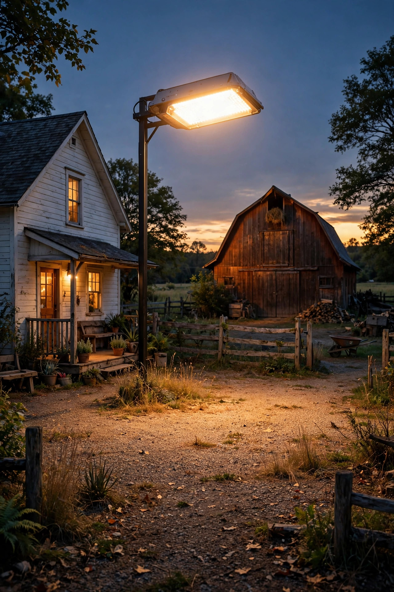 Warm white area light glowing over a farmhouse yard and barn with golden light