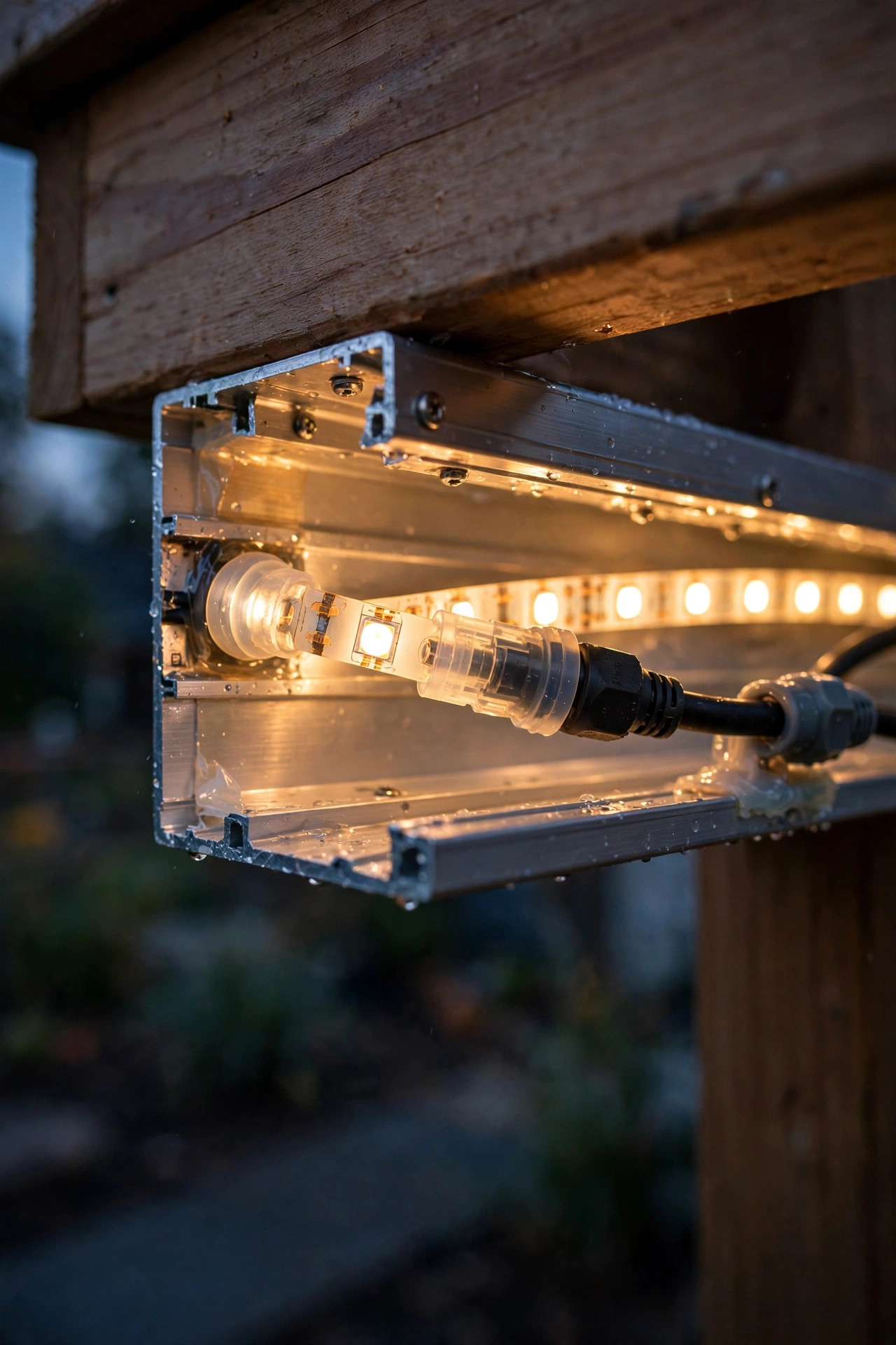 Close-up of waterproof LED strip connections in aluminum channel under deck rail