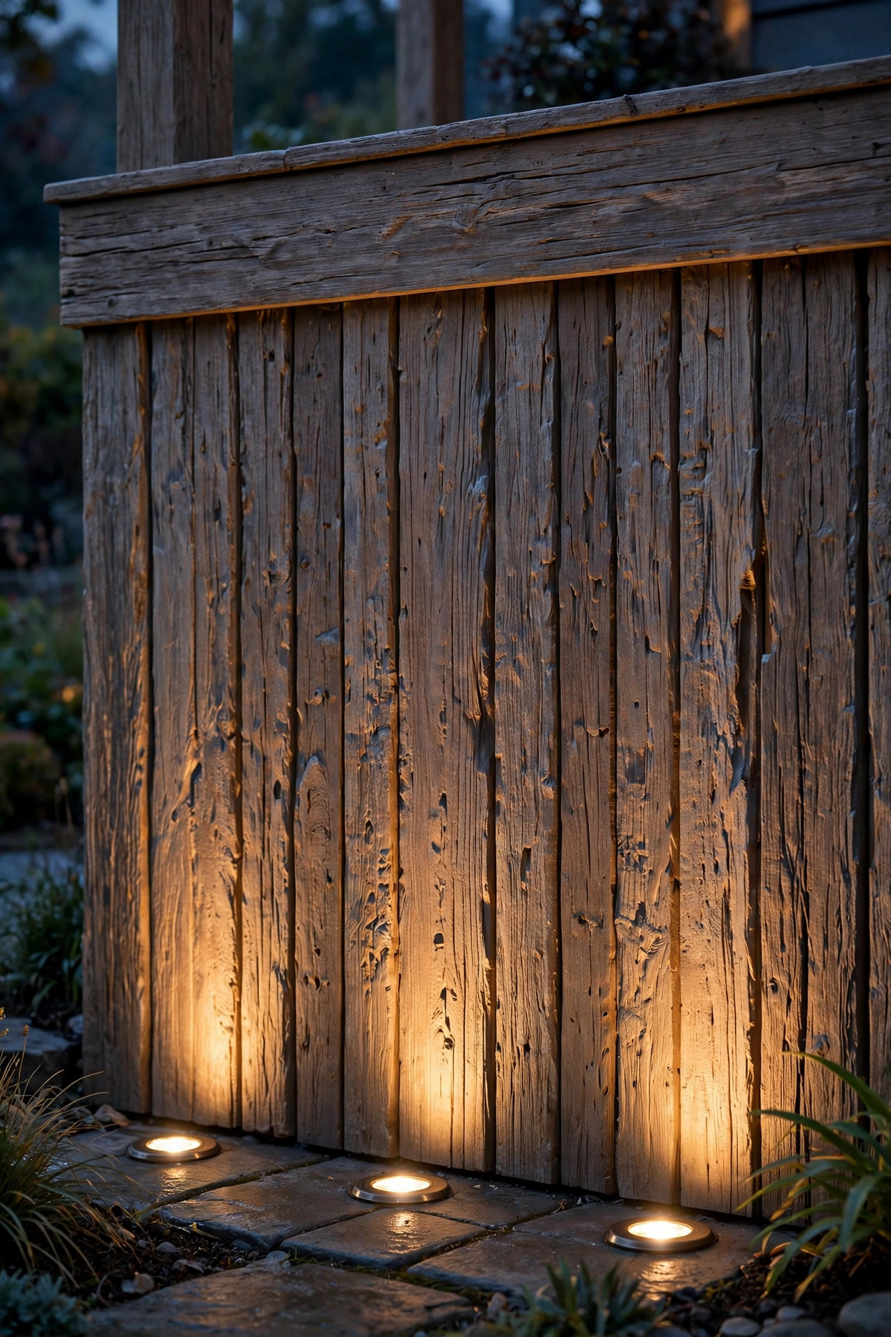 Flush in-ground well lights grazing warm light up the textured face of deck skirting