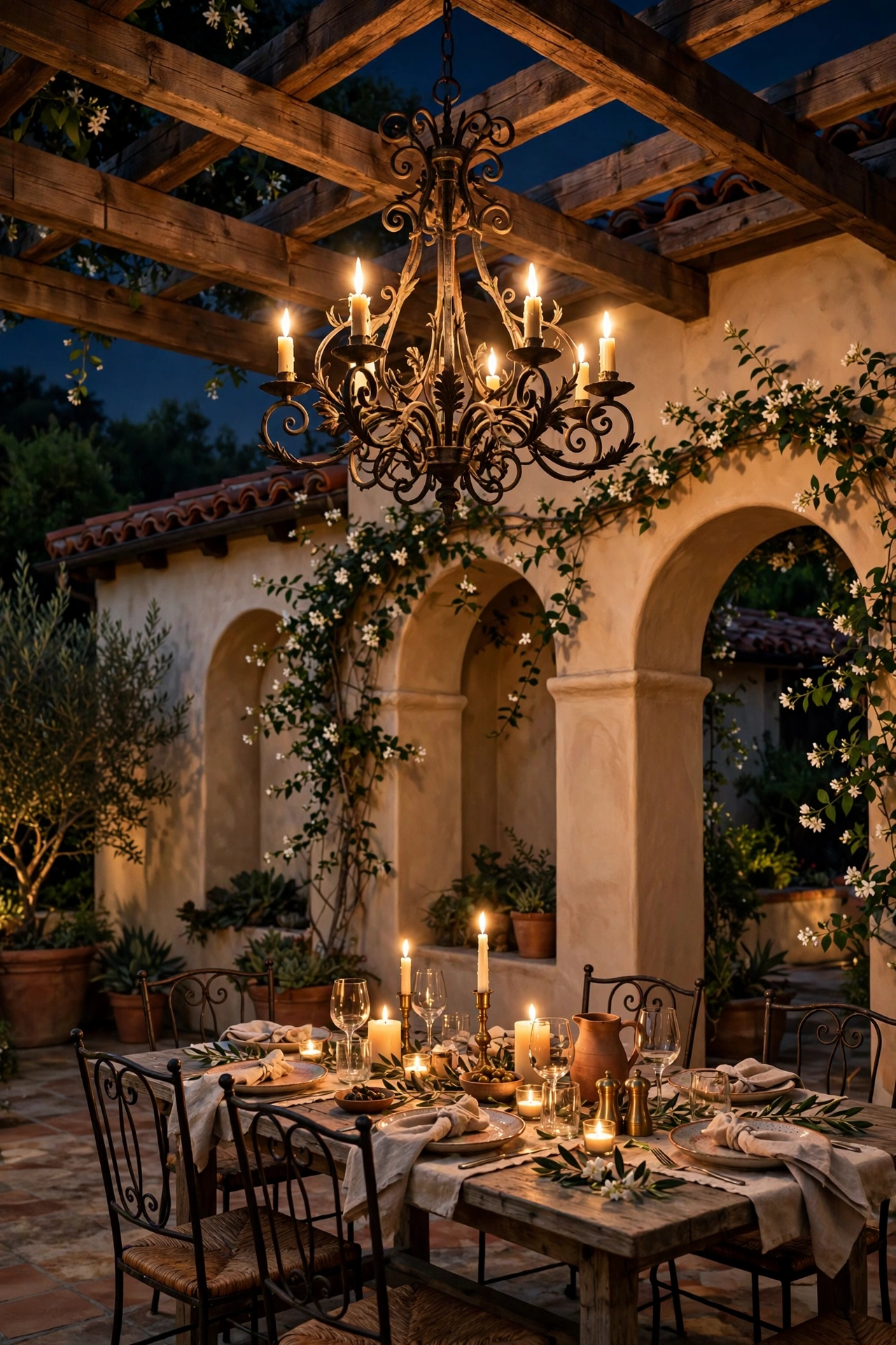Wrought-iron chandelier glowing over an outdoor dining table in a Mediterranean courtyard