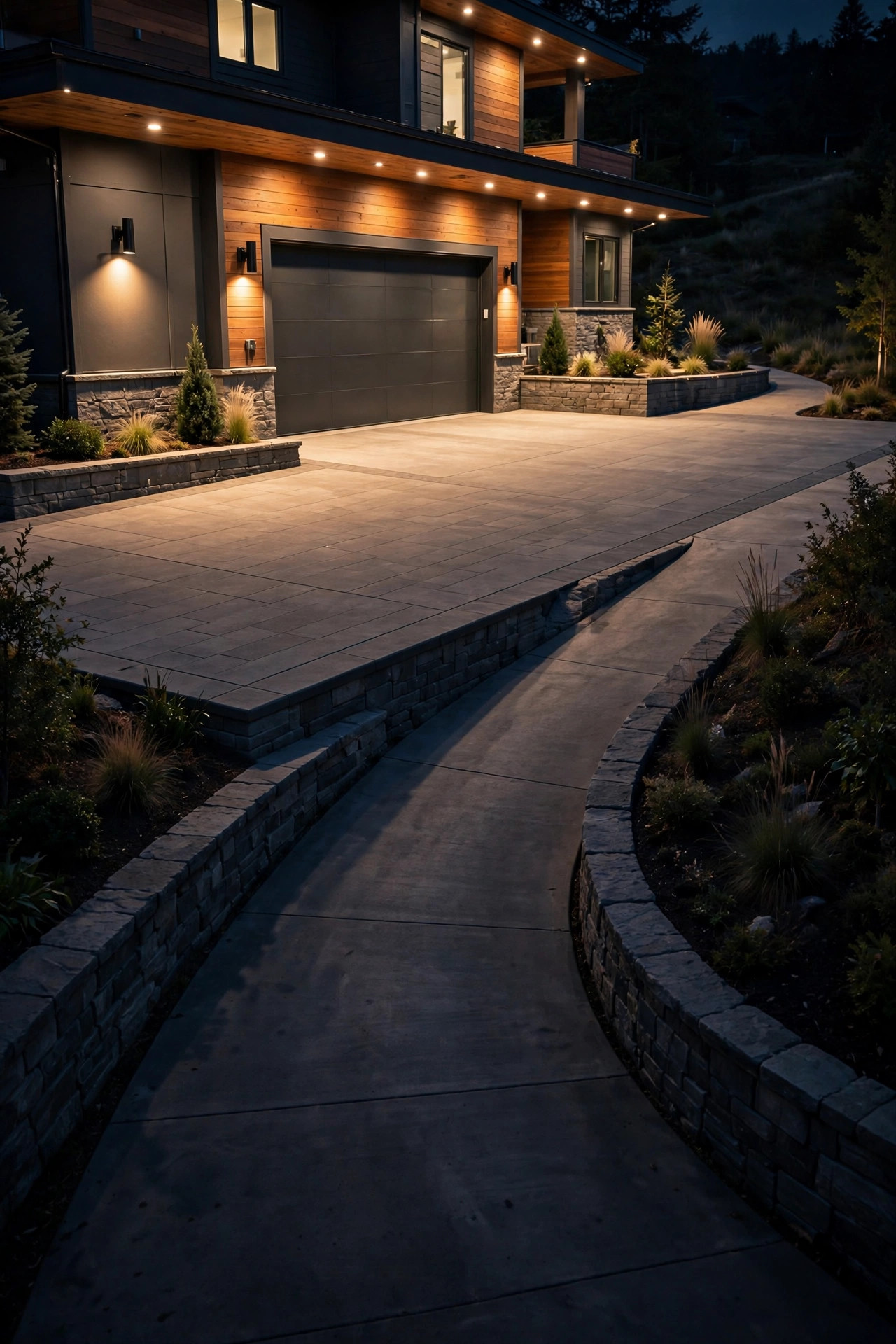 A parking apron at the top of a steep driveway lit by downward-aimed garage and soffit lights with no glare