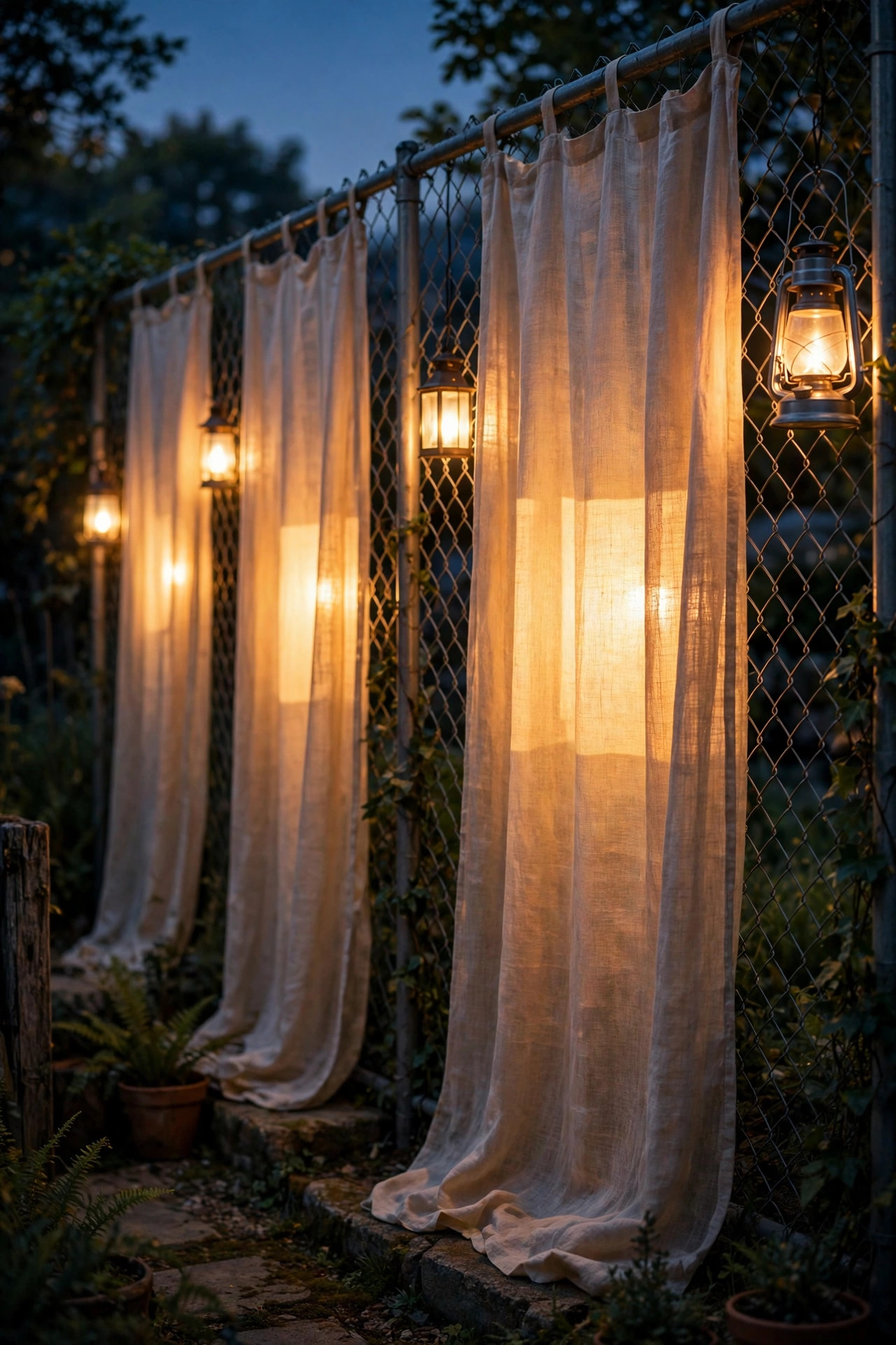 Outdoor curtain panels hung along a chain-link fence backlit by lanterns creating glowing fabric screens at night