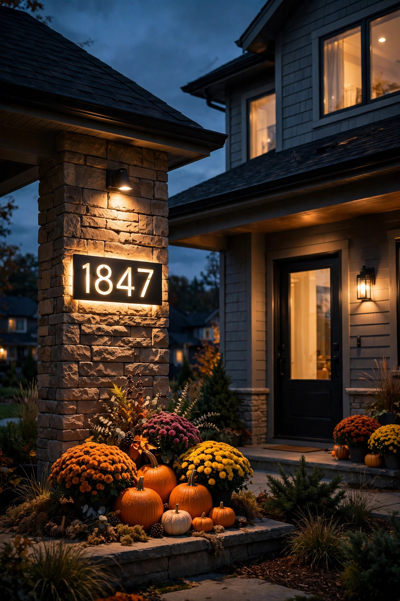 Backlit house numbers glowing on a porch post beside fall decor at night