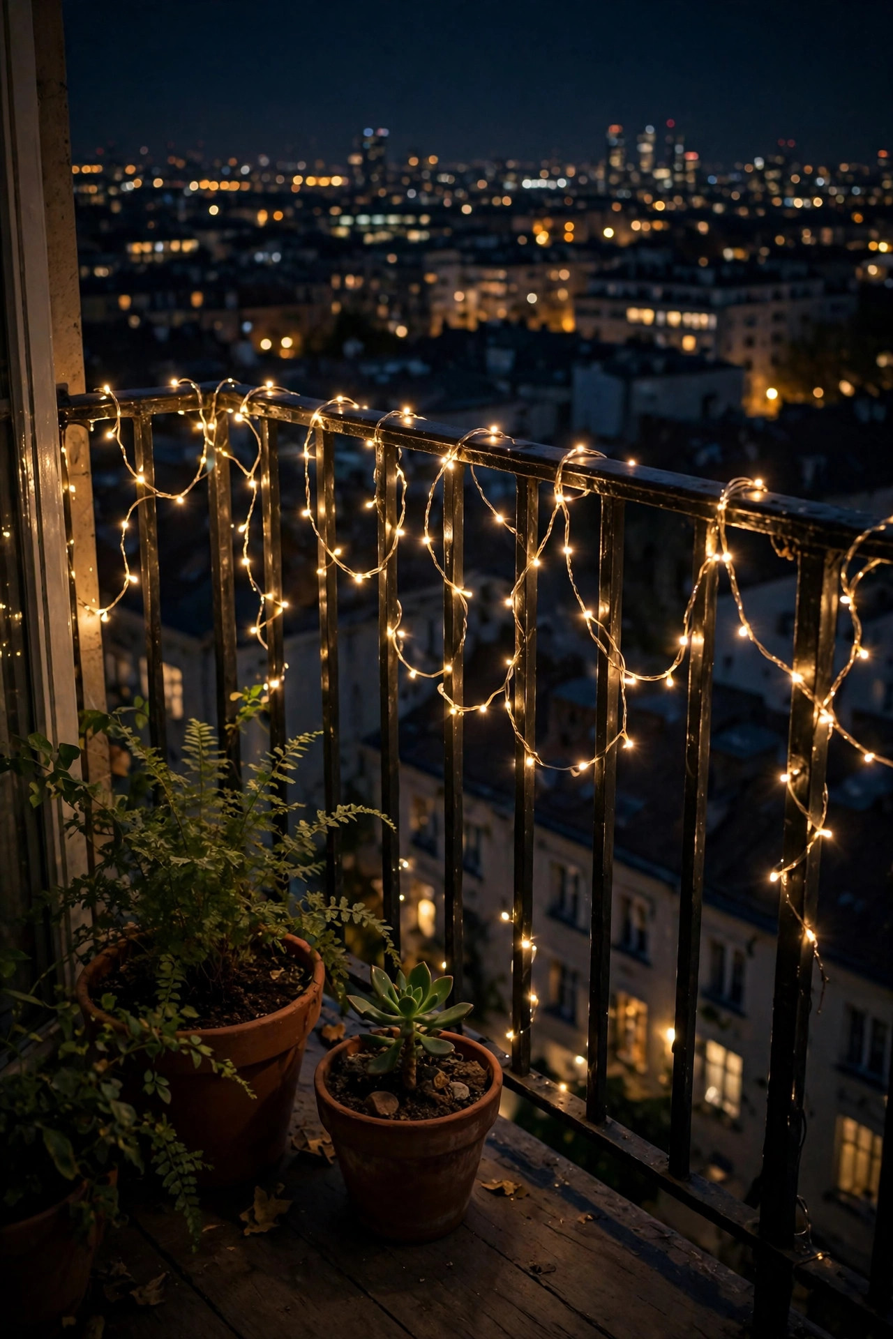 Small apartment balcony railing lined with warm mini fairy lights at night