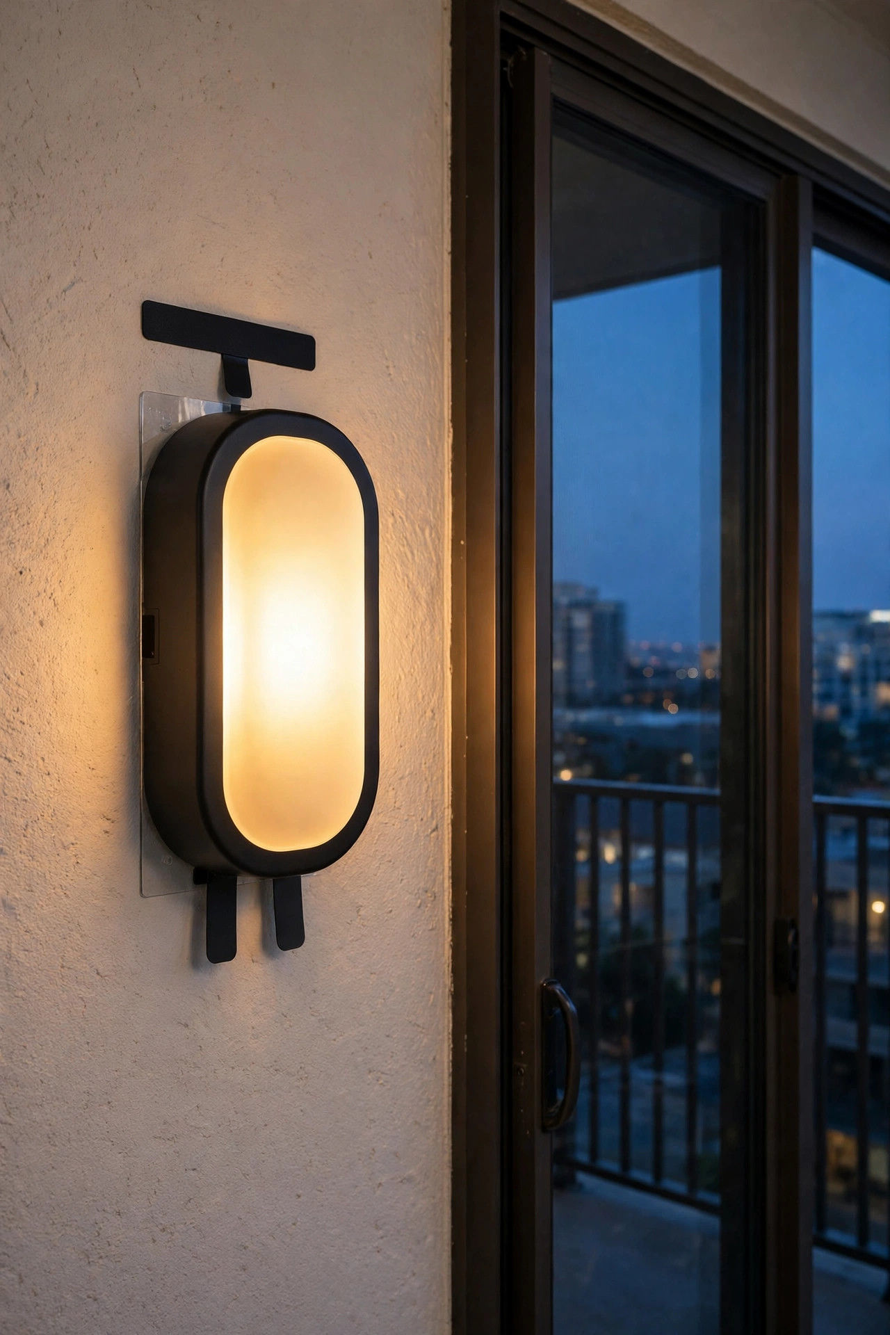 Battery wall sconce mounted beside a condo balcony door with removable adhesive strips, warm light at dusk