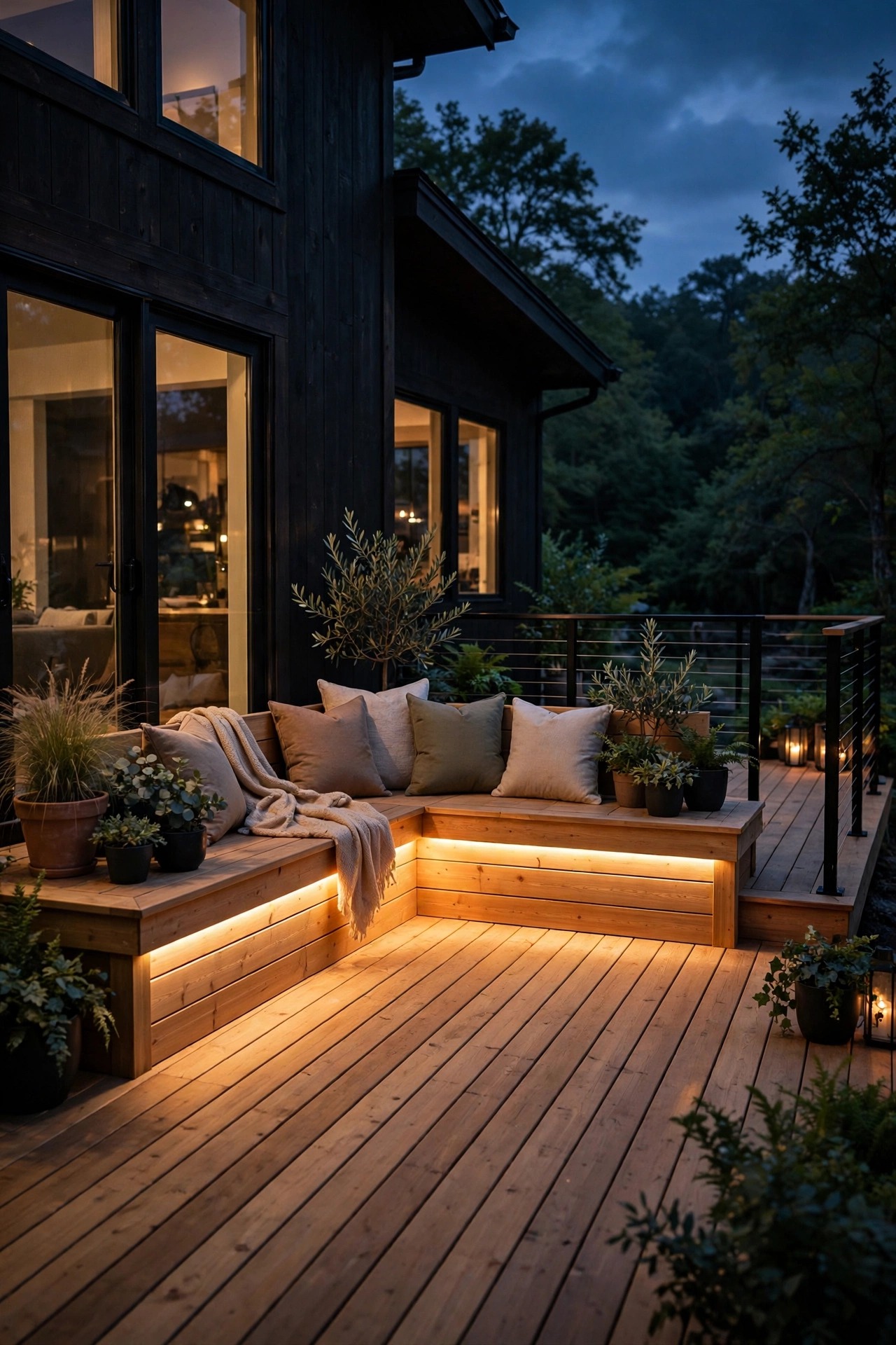 Warm LED underglow beneath a built in corner bench on a wraparound deck at night