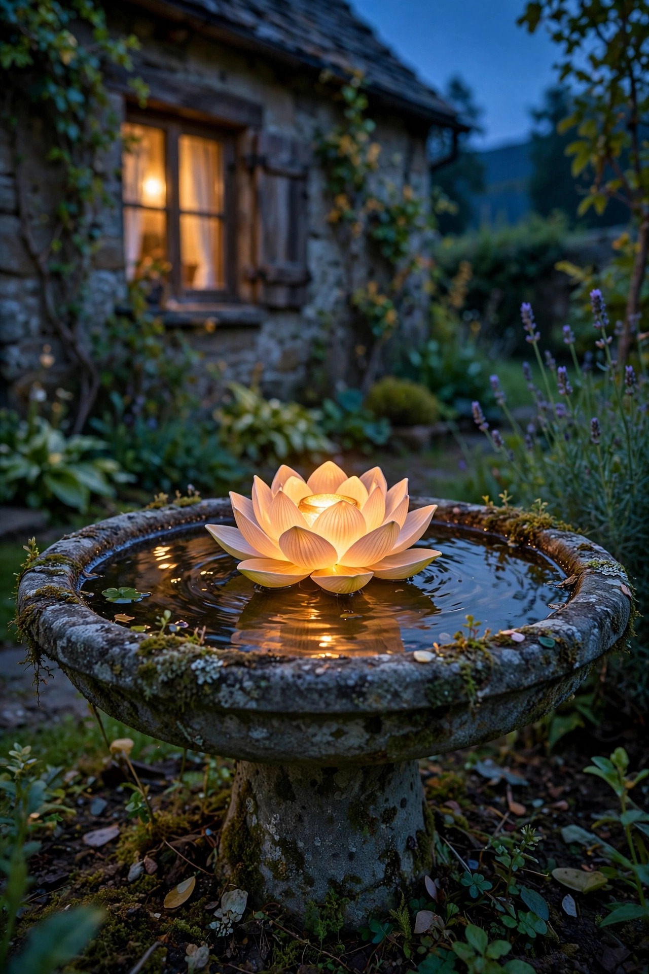 Cottage birdbath with a floating solar lotus light glowing on the water at dusk