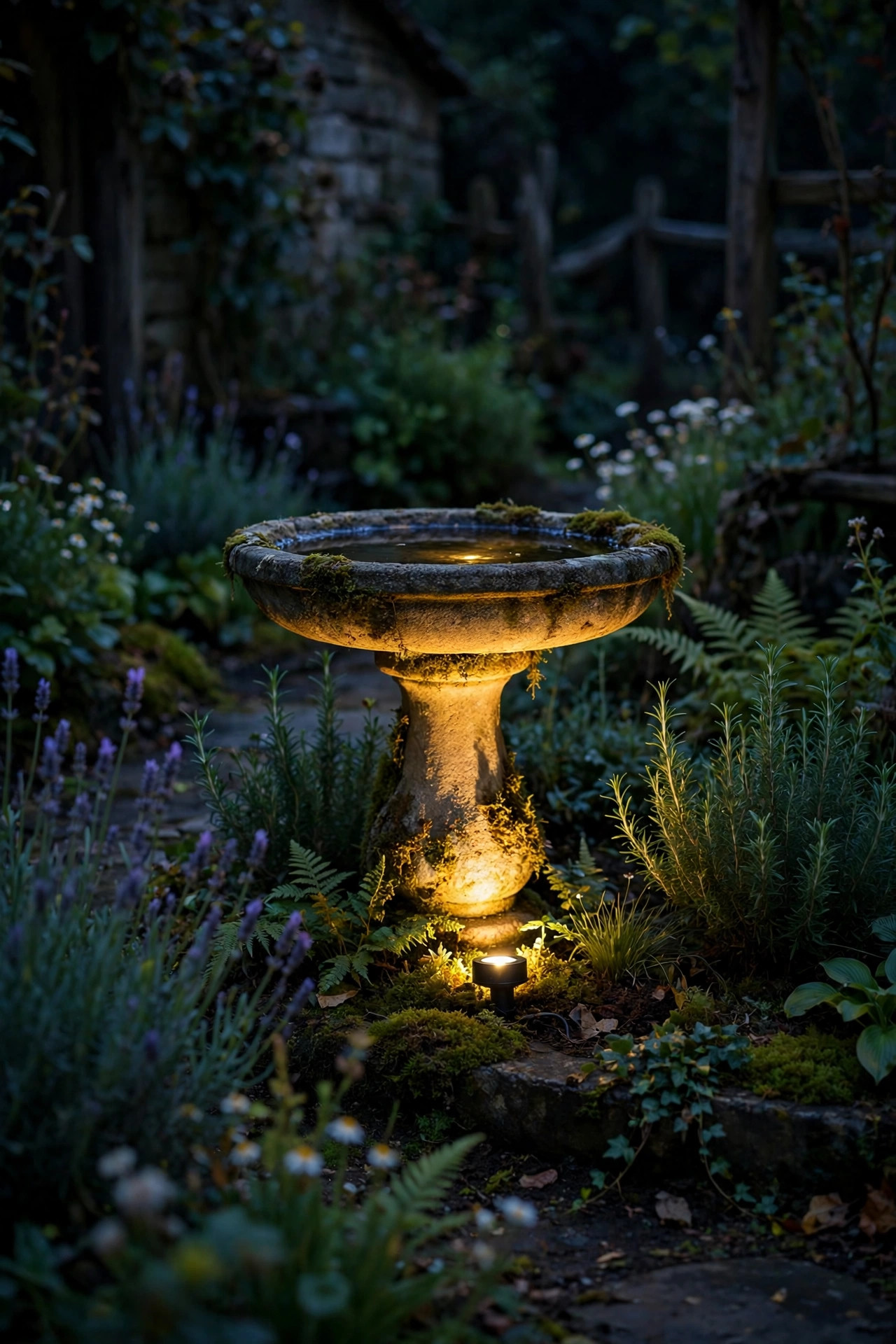 Small uplight illuminating a stone birdbath as a focal point in a dark cottage garden at night