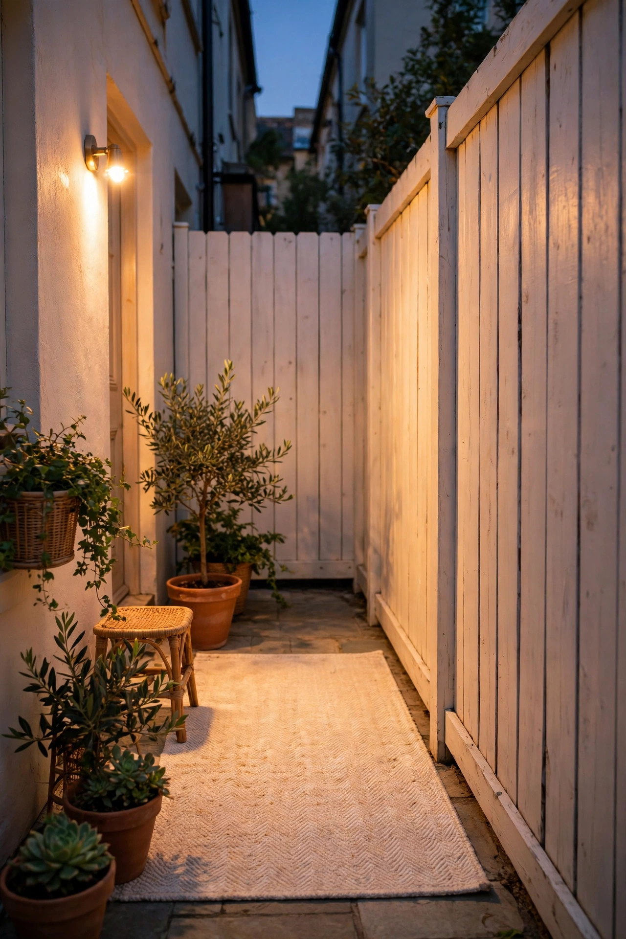 Warm light bouncing off a pale painted fence and light outdoor rug to brighten a narrow townhome patio
